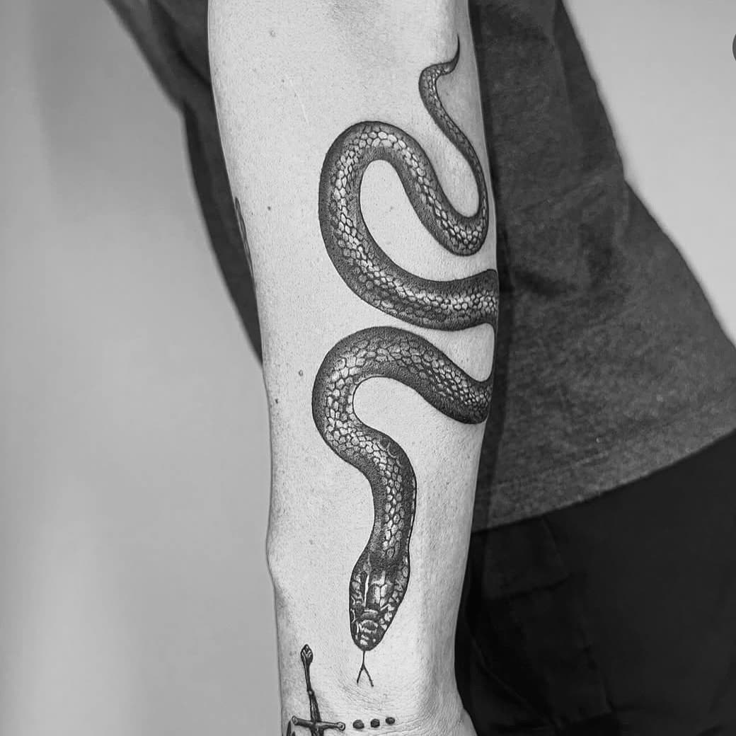 A start to a full arm, TBC 🐍 - @iamron.tattoo 
.
.
.
.
Your idea or our artists designs, let’s chat! Email us for booking or enquires 
Bookings: info@fullmoontattoo.com.au
Contact: (03) 9510 1892
__________________________________________________________
#fullmoontattoo #fullmoontattooparlour #blackandgreytattoo #lineworktattoo #neotraditional #blackandgreyportrait #sketch #realistictattoo #realism #tattooed #tattooist #tattoos #tattooart #tattoooftheday #colourtattoo #tradtattoos #prahrantattoo #melbournetattoo #customtattoo  #finelinetattoo #snaketattoo #fullarmtattoo #sleevetattoo #snake #2025tattos