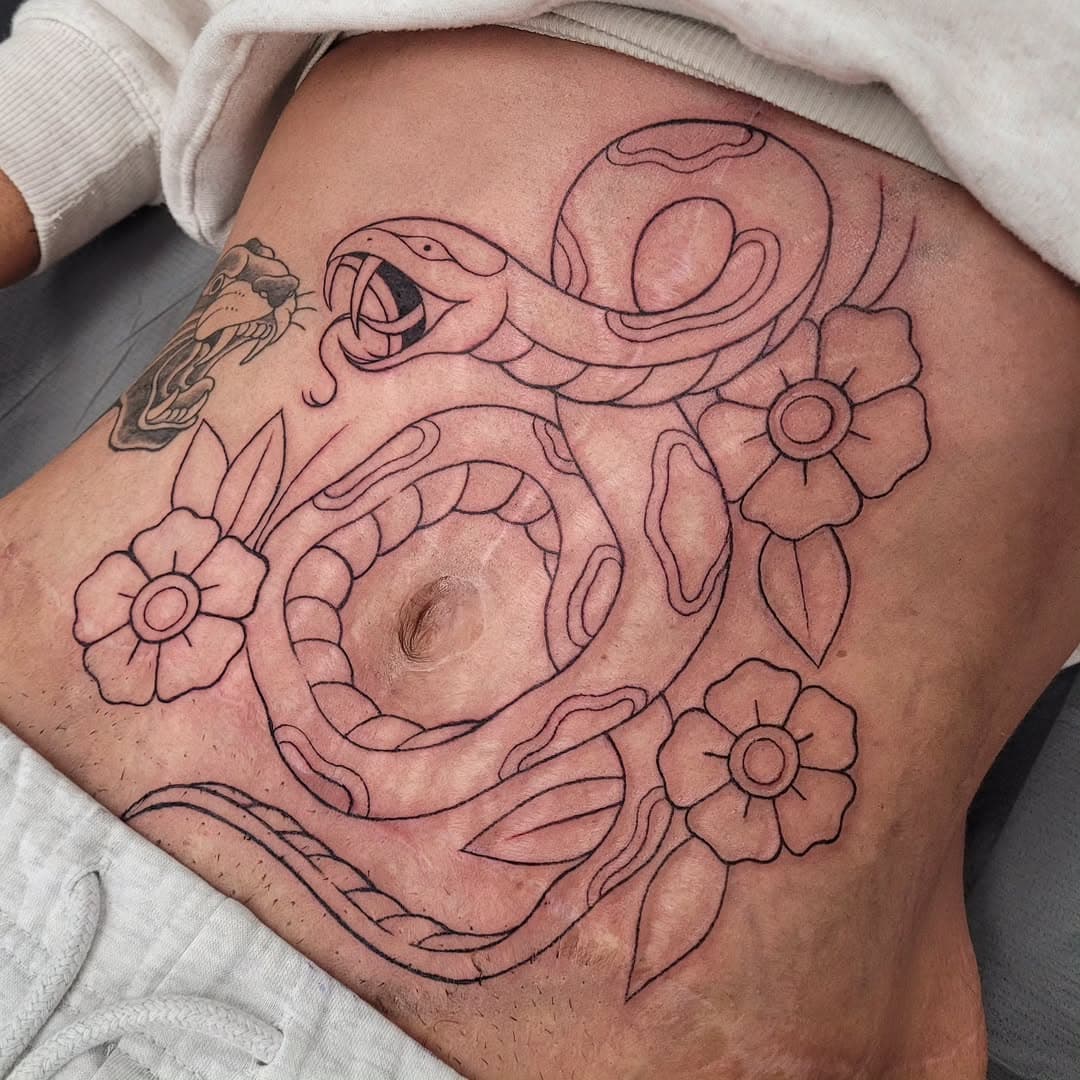 Nice start to this big tummy blaster for Danielle whose one tough lady! Thanks so much.
Excited for shading next time 

(Panther peaking out by me aswell!)

#tattoo #illustration #drawing #procreate #tattooart #tattooflash #flashsheet #whimsicalart #art #design #ink #myart #finelinetattoo #sketchdaily #illustrationartists #snaketattoo #traditionaltattoo #blackwork #lineart #simplisticdesign #yvrartists #artistsofinstagram #ecualumni #vancouvertattoo
