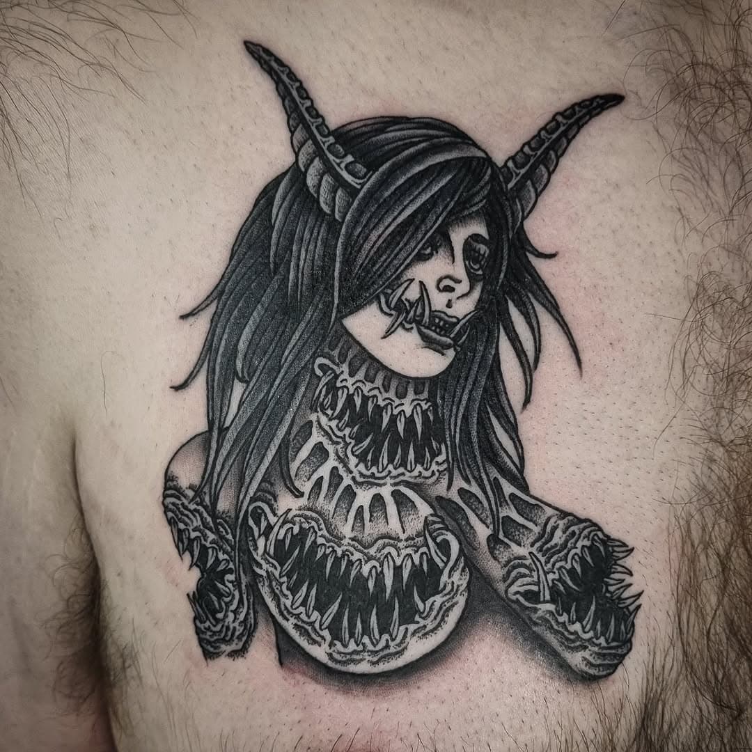 Stoked to finally tattoo one of these toothy gals from my flash for Stu today! Thanks again mate! 
Books always open, and plenty of flash(check out my latest reel). 

𝕱𝖗𝖔𝖟𝖊𝖓 𝕸𝖔𝖔𝖓 ¤ 𝖀𝖓𝖍𝖔𝖑𝖞 𝕿𝖆𝖙𝖙𝖔𝖔𝖎𝖓𝖌 
  
*Booking NOW*
🇦🇺Walyalup/Fremantle 
@wa.ink.tattoo 
DM or email to enquire.
frozenmoontattoo@gmail.com 

#frozenmoontattoo #unholytattooing #blackworkers #darkartists #onlythedarkest #tattoopunks