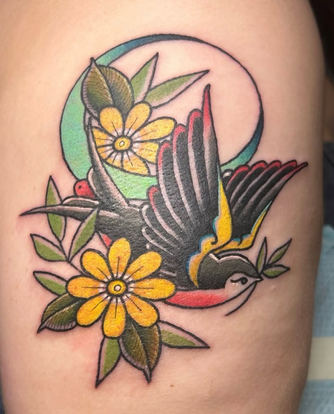 Can’t go wrong with the classics! Traddy swallow by @babytooth.tattoos! 🌱 🐦 🌼 🌙 
.
#tattoo #swallowtattoo #traditionaltattoo #sacredarttattoo #sacredarttattoocortland #cortlandtattoo #cortlandny #sacredartstudio #nytattoo #ithacatattoo #syracusetattoo #binghamtontattoo #607 #upstateny
