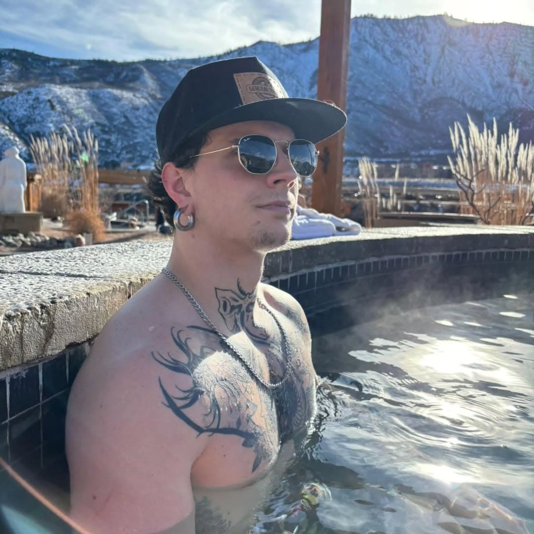 @nick.cooks.food at the hot springs rocking his chest peice. We probably spent like 30 hours on that thang. Nick was one of @bonedaletattoo s first clients and is still getting zapped! Thanks bro. Xoxoxo #tattoo #tattoocollector #dork