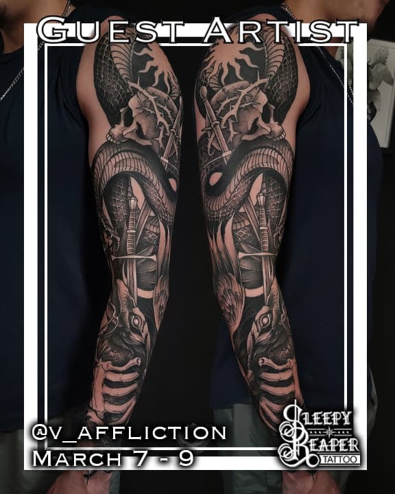 @v_affliction is coming up from Chicago in just about a week!

He still still has availability on the 7th
Check out our last post about v to see his wannados or send him a dm with your idea!

Follow @sleepyreaperwi and v_affliction for more!
•
•
•
#sleepyreaperwi  #tattoo #travelingartist #guestspot #blackwork #neotrad #nowbooking #blackworktattoo #dmtobook #sleevework #neotradtionaltattoo #guestartiste