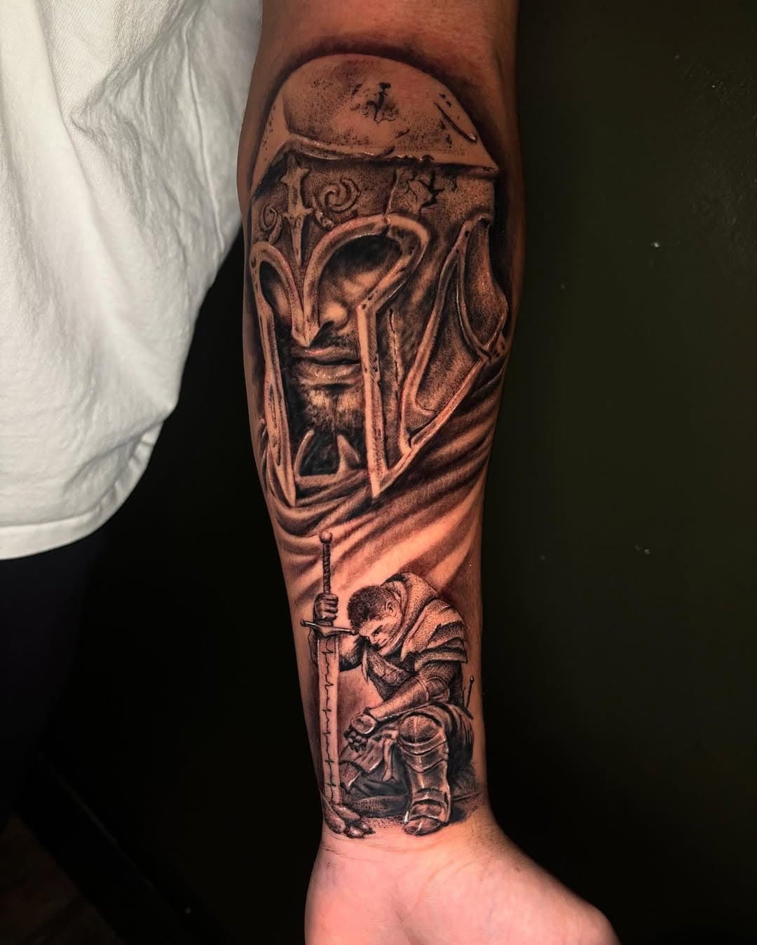 Warrior memorial piece for his grandfather. Shoutout to Dom for the trust! Come see me at @xclusiveink in Rocky Hill, CT. Text or call (860)471-6263  or (860)471-4459 and ask to book w Abdiel.