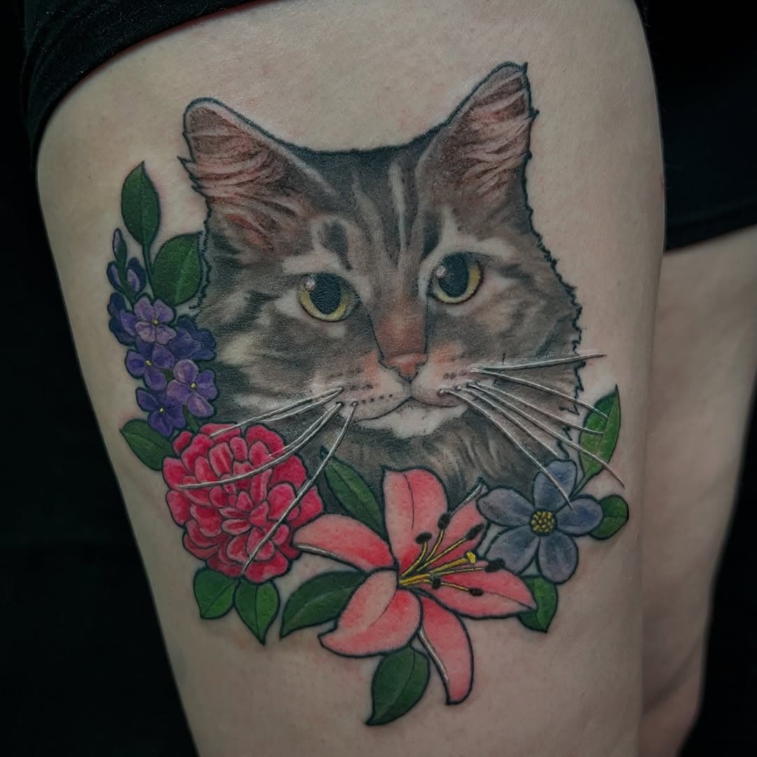 Portrait to honor Luna 💕 thank you Stephanie! Healed cat, fresh flowers. 
•
•
•
•
#tattoo #petportrait #cattattoo