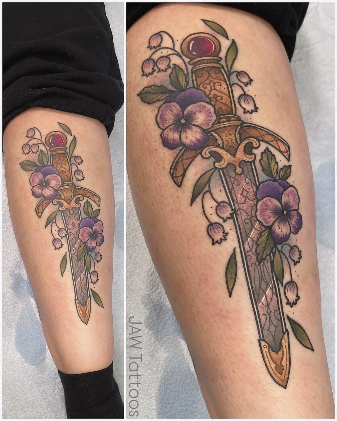 I keep telling myself I’ll catch up with all the tattoo photos in my phone that I need to post, but then I lose steam, and they continue to pile up, and probably the EASIEST part of my dang job somehow becomes the most arduous task 😅 

Why is it so hard to post pictures online?!? 

Maybe because the world is wild and social media is morose, and sometimes it feels like eh, what’s the point? But I guess posting pretty tattoos and talking about my lovely clients and how much I enjoy time with them makes it a little less bleak. 

Anyway, here’s a pretty sword for Azalia. I had such a wonderful time tattooing this. I love it and I’m pretty proud of it. Thanks lady for asking me to do this for you… We do not yield 😉 

.
.
.
#jawtattoos #swordtattoo #floraltattoo #lilyofthevalleytattoo #violets #violettattoo #youdonotyield #throneofglass #throneofglasstattoo
