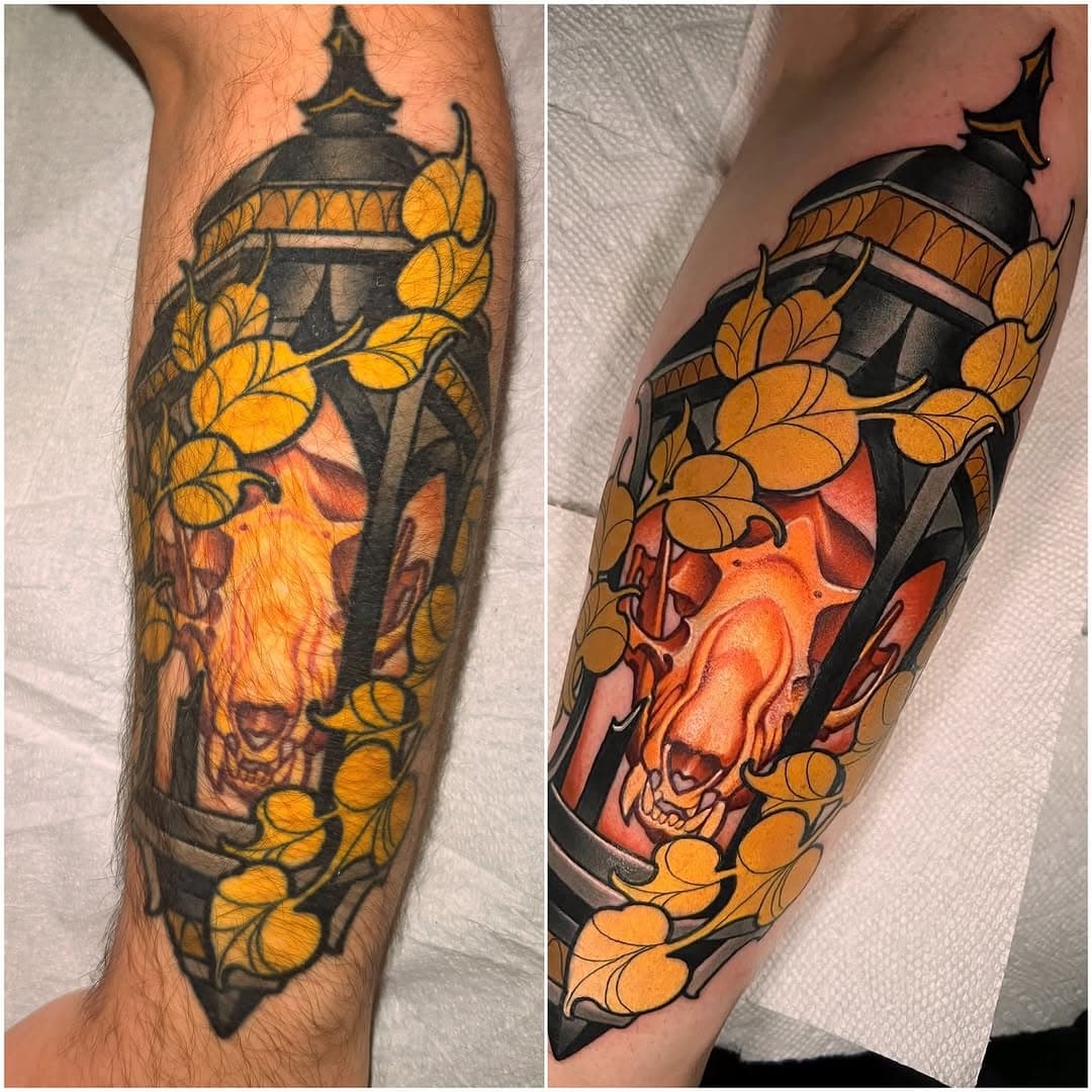 Left is healed 3 years. It’s taken a beating sitting on the top of the forearm  in the Carolina sun. We lost some of the orange tones (typical) but over all I am pretty happy how this is looking.