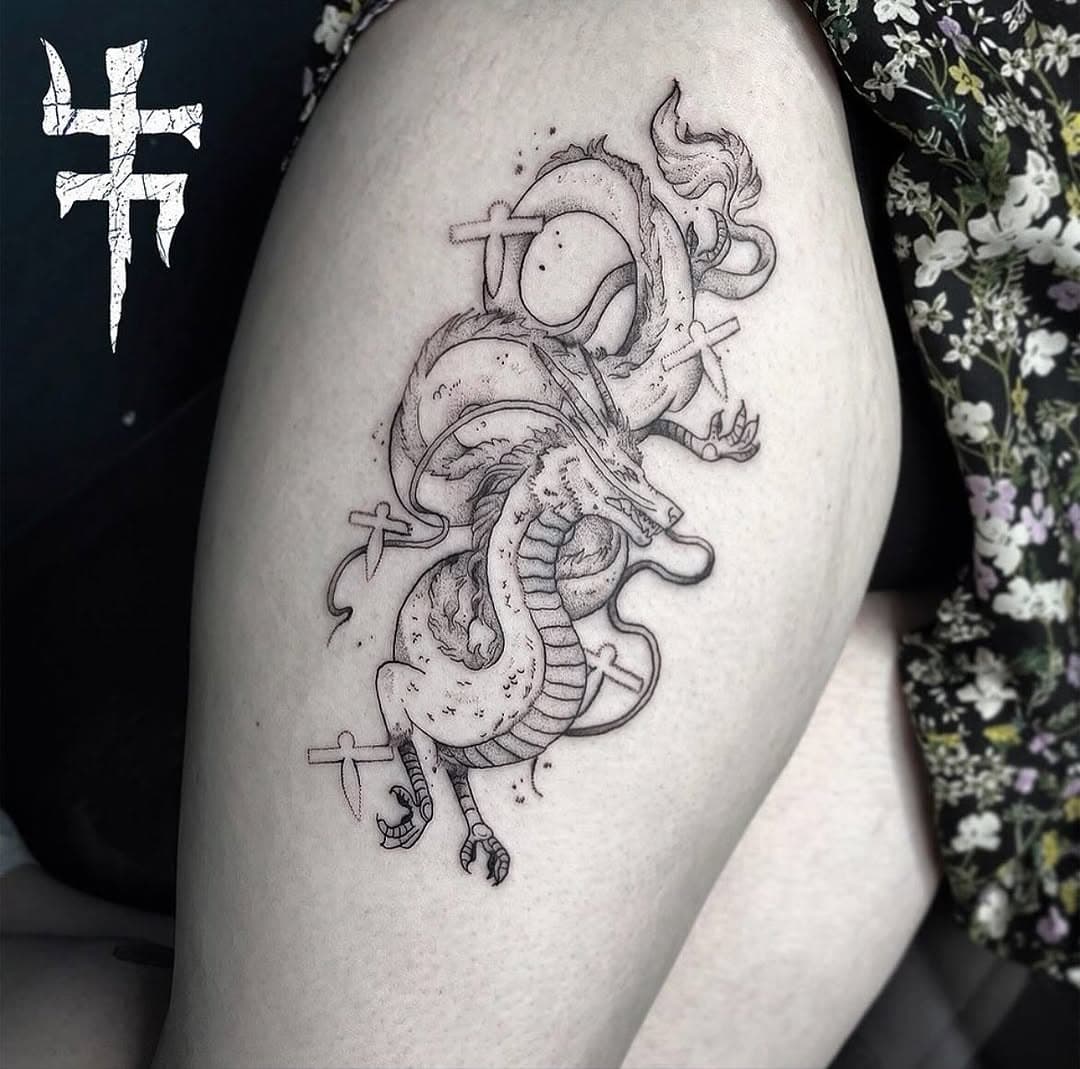 Another from a little while back on Chloe :] Always got room for more Ghibli pieces! #studioghibli #ghiblitattoo #studioghiblitattoo #tenacioustattoo #thightattoo #legtattoo #sheffieldtattoo #dotwork #dotworktattoo #dotworkers
