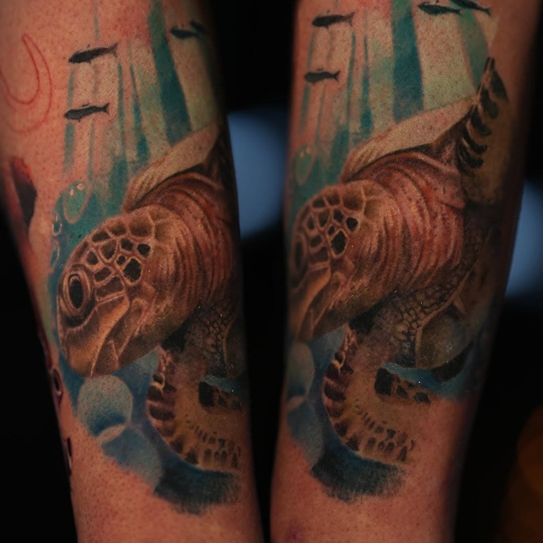 I’ve been working on this underwater sleeve for a good minute now. Here is a healed sea turtle that’s part of the sleeve. We did this in early January and it has settled nicely! Super excited to continue it in a few weeks! It looks smaller in the photo than it is in real life. 🌿🌿🌿 #nctattoos #charlottetattoo #charlottetattooers #nodaclt #ashevilletattoo #underwatertattoo #plazamidwoodclt #tattoosleeves #tattoorealistic #colorrealismtattoos