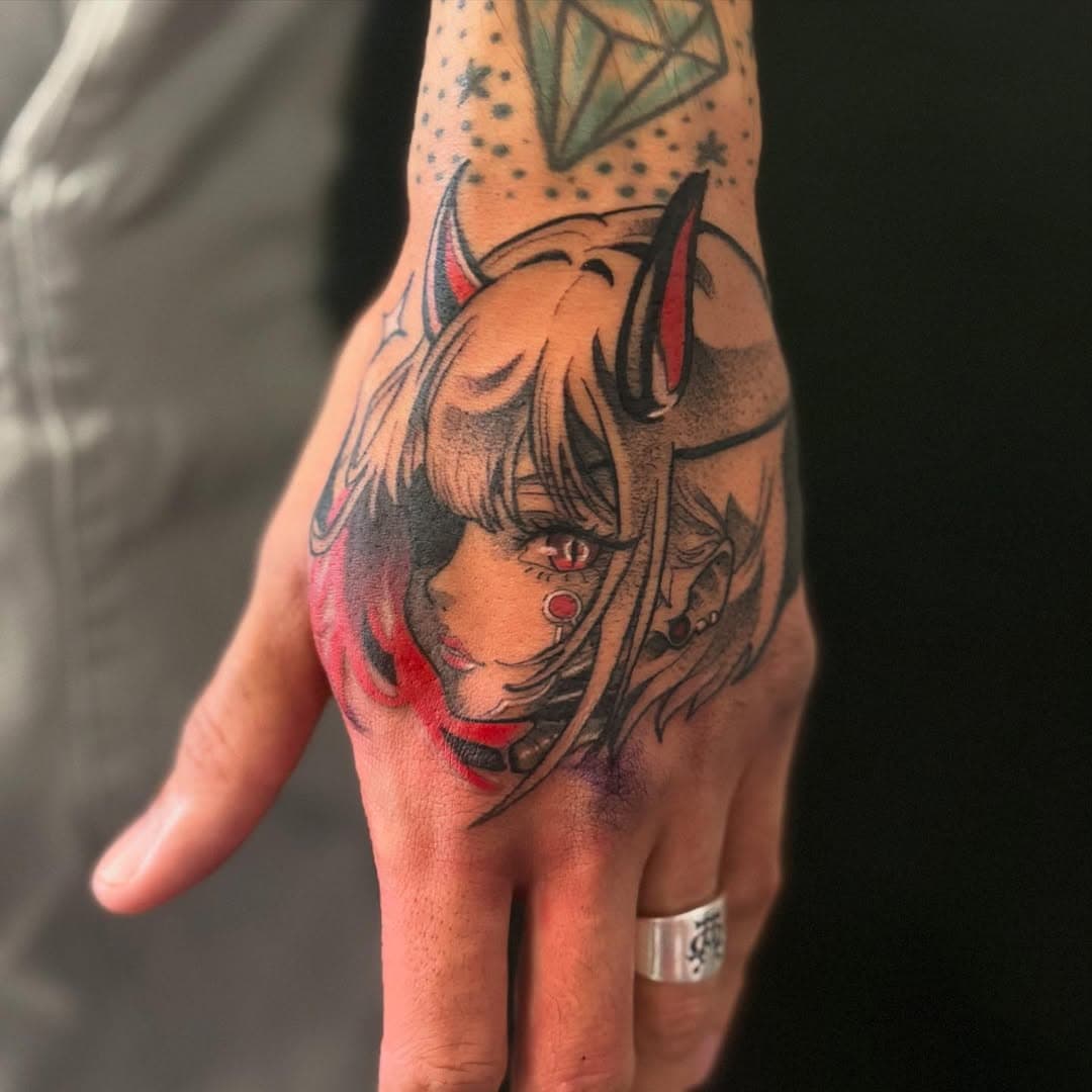 Job stopper for my bud . Custom cyber girl #handtattoo #tattoo #blackandgrey #anime #cybergirl #neotrad #anime #atx #moontattoo #keepaustinweird