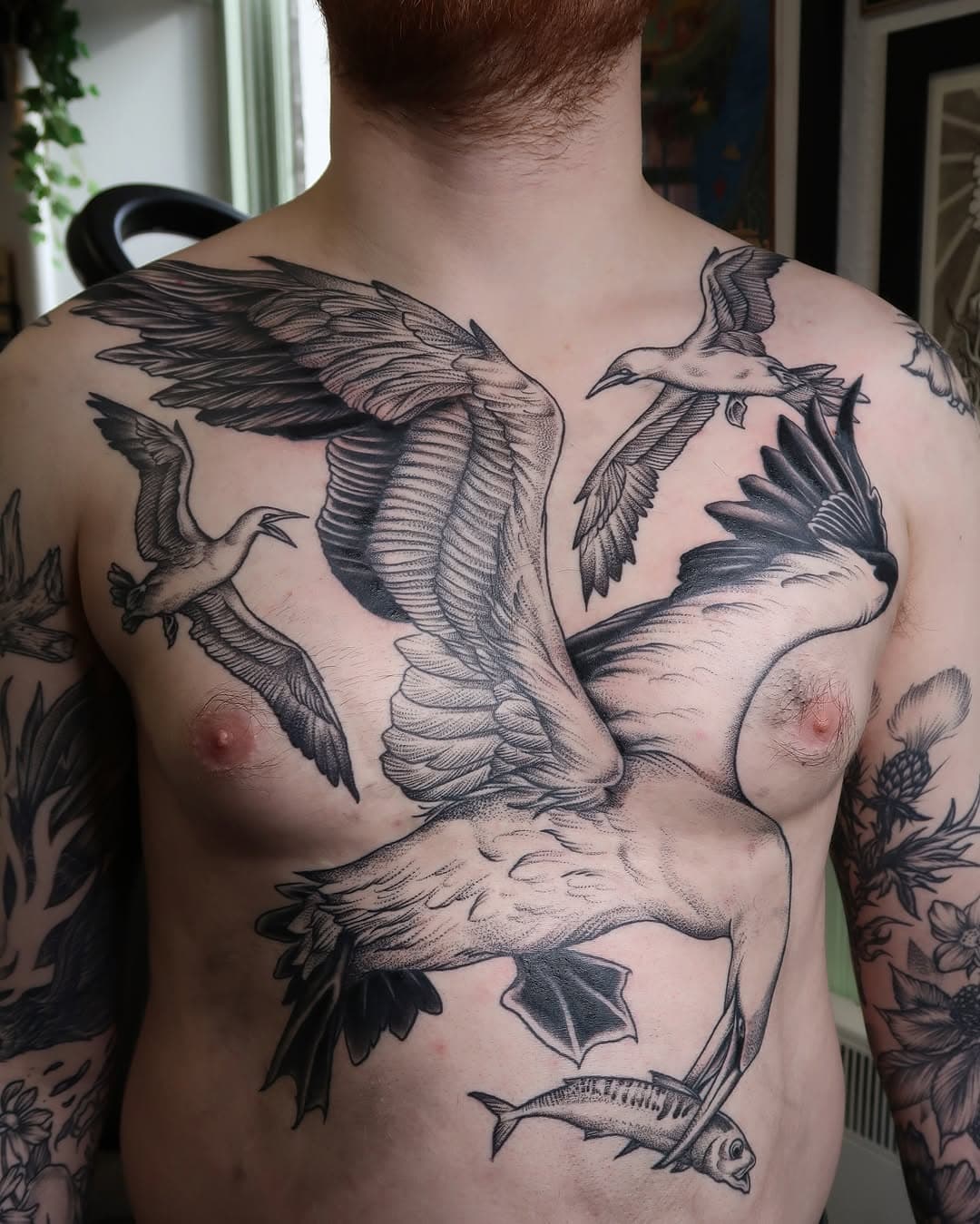 How amazing is this chest piece finished by @richardson.tattoo 🫨 A couple of fresh spots in these pictures, majority healed from previous sessions. Richard’s books are open for April and May ✉️