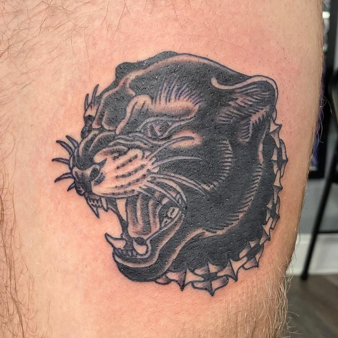 Mean ol cat. #panther #panthertattoo #blackandgreytattoo #traditional #traditionaltattooer #marylandtattooer #baltimore #fallston #belair #tattoo #fleshtattoo #theboldlookofkohler #kapow