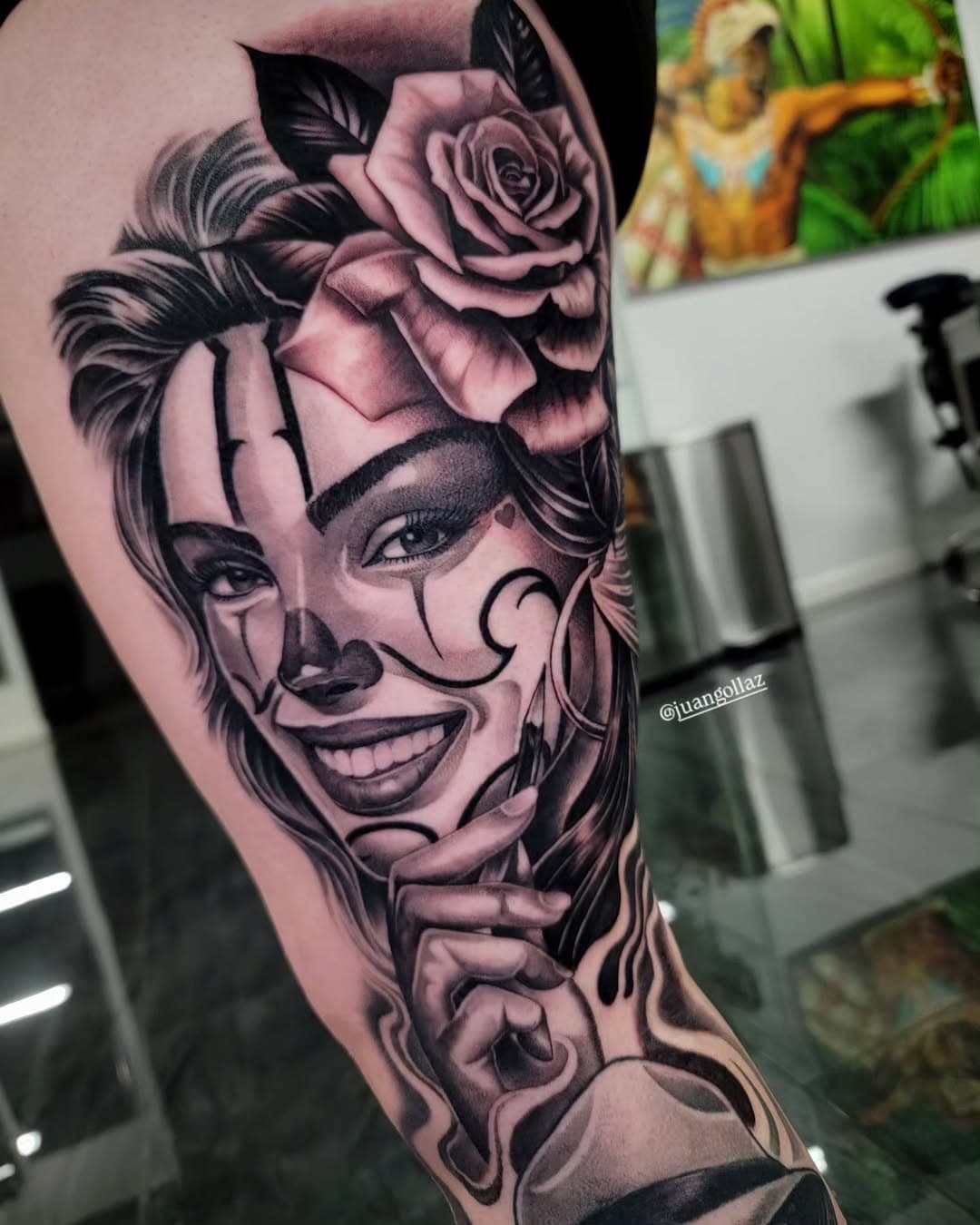 Half fresh, half healed.Second session to finish this payasa and rose on my cousin Nancy to continue on her leg sleeve. Around 16 hours work. Interested on something similar and serious about it, send me a msg. Thanks.
JUANGTATTOO@GMAIL.COM 
.
.
.
.
.
.
.
.
.
...
.
.
.
.
.