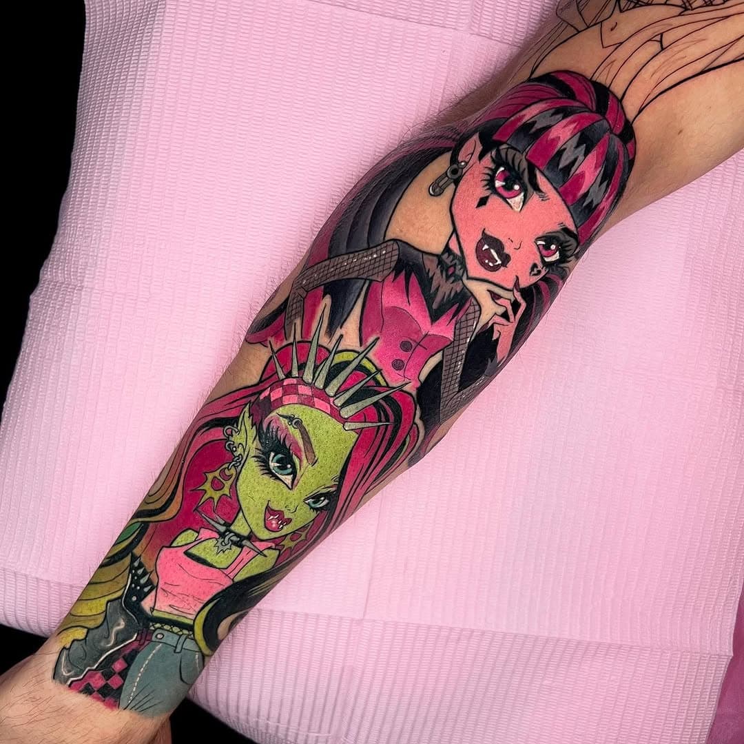 🖤🕸️Monster High🕸️💖 Ah! Ok I’m dying over this project. I love monster high and I am having way too much fun with this sleeve. I cant wait to color in our made up doll “Billie Cyphera” 💛👁️ Thank you so so much Morgan!!🖤✨🖤✨🖤✨ #monsterhigh #monsterhighfanart #monsterhighdolls #draculaura #draculauracosplay #billcypher #monsterhightattoo #monstertattoo #horrortattoo #cutetattoo #spookytattoo #halloweentattoo #hottatttoo #sandiegotattooartist #sandiegotattoo #sandiego #thehideawaytattoo