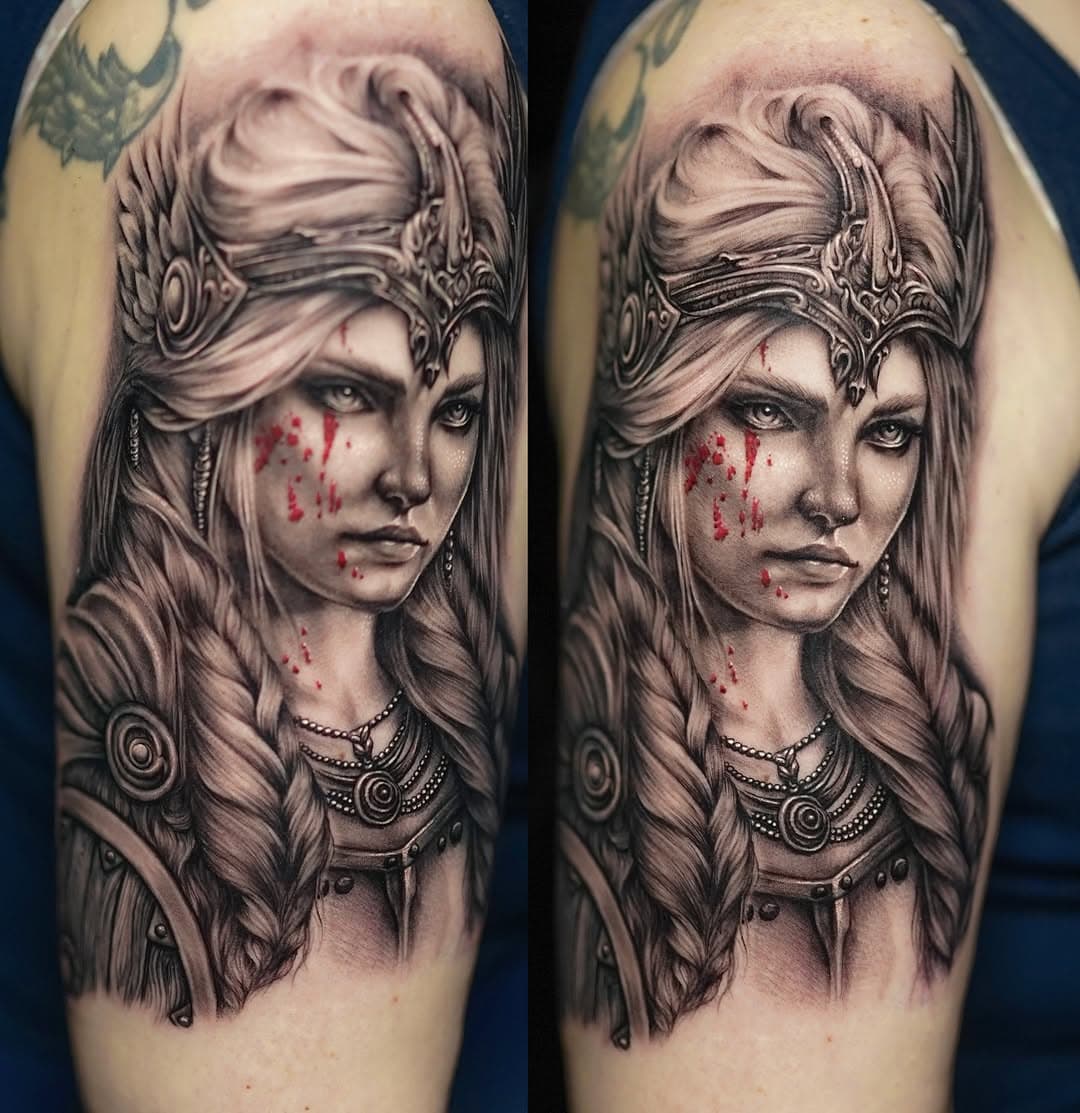 A Valkyrie for Val. She is a warrior and earned her shieldmaiden protector ❤️
.
@tattystick @neogripsusa 
.
#valkyrie #shieldmaiden #tattoo #viking #norse #braids #armtattoo #newtattoo #tattooideas #chicagotattoo #tattooartist #blackandgreytattoo #blood