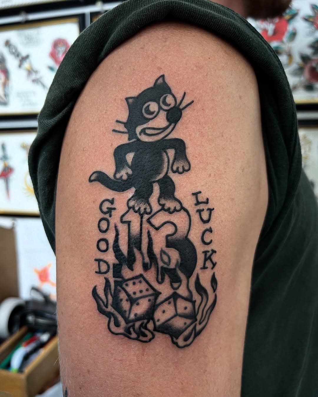 Bunkered down waiting for tropical cyclone Alfred to pass. I hope everyone is safe with their loved ones. To pass the time, check out this Lucky 13 Felix we added to an existing tattoo on Kurt’s arm. Like they were always meant to be. Link in my bio or Dm for future bookings.