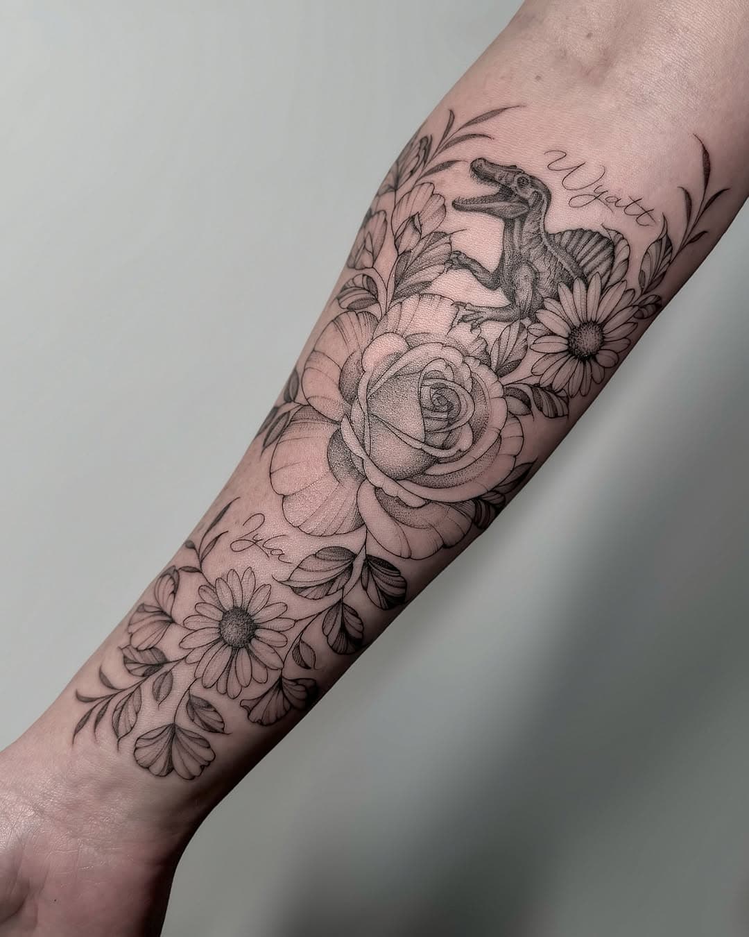“Can you hide a little Spinosaurus in there peeking out saying hello?”

#understoodtheassignment #spinosaurus #dinosaurtattoo #spinosaurustattoo #sandiegotattoo #sandiegotattooartist #birthflowers #motherhood #motherhoodtattoo #vesseltattoo #birthflowertattoo #kidsnames #forerarmtattoo #finelinetattoo #daisytattoo #rosetattoo #californiatattooartist