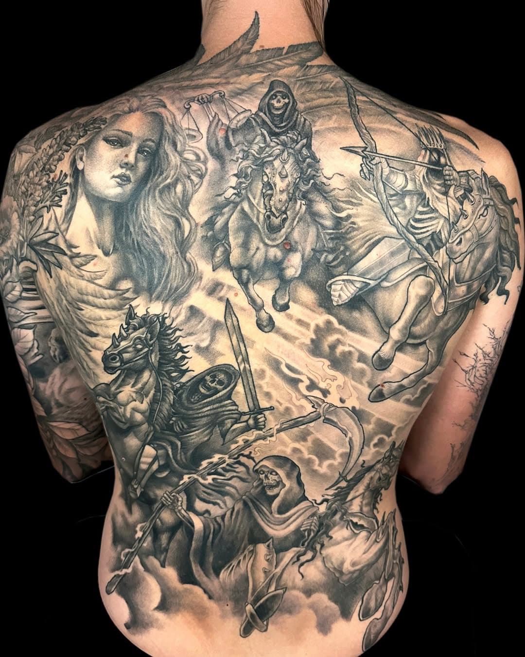 The finished collaboration with my one and only @artofspencer on one of my favorite clients of all time @ceramic_enthusiast . The four horsemen and the angel of the apocalypse was definitely a tough theme as each of them has so much going on, but David was amazing with his trust and a bad ass for letting us work on him at the same time with no anesthesia or numbing cream, just good snacks and his headphones. Thanks David! 
We love a collaboration so if you want your massive tattoo done in half the time hit us up! 

#tattoosbykatecrane #direwolftattoostudio #artofspencer #fourhorsemen #fourhorsemenoftheapocalypse #backpiece #collaborationtattoo #stencilstuff #neumatattoomachines