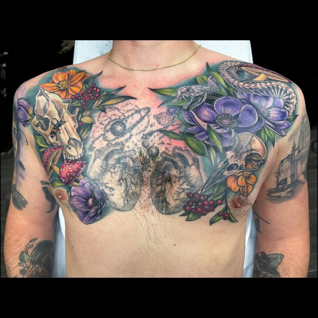 John’s fresh chest piece surrounding a #healedandhairy sternum piece we did a few years back. Thanks John! #chestpiece #chestpiecetattoo #chesttattoo #animalskull #animalskeleton #animalskulltattoo #naturetattoo #snakeskeleton #njtattooartist #njtattoishop