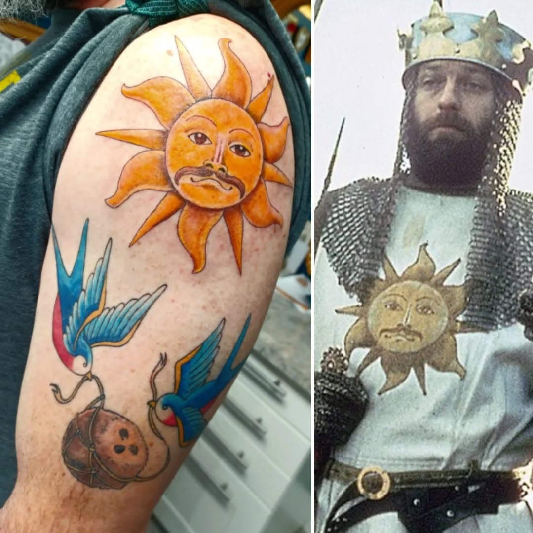 Fresh sun, healed swallows...IYKYK 🌞. Stay tuned for more!

#trad #movietattoos #holygrail #montypythontattoo #montypythonandtheholygrail #sunshinetattoo #comedyloverstattoo #tradswallows #africanoreuropeanswallow
