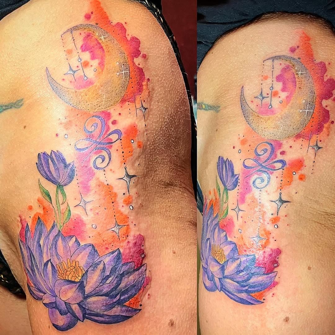 Thank you @pennyspilatesiow for your continued trust and making the journey to get tattooed by me! #watercolourtattoo #watercolourtattooartist #colourtattoos #colourtattoos #femininetattoos #lotustattoo #thightattoo #thightattoos #thightattoosforwomen #womensupportingwomen #womenartists #femaletattooartist #womentattooartists #ladytattooers #weymouthtattoos #tattooistsindorset @osprey_tattoo