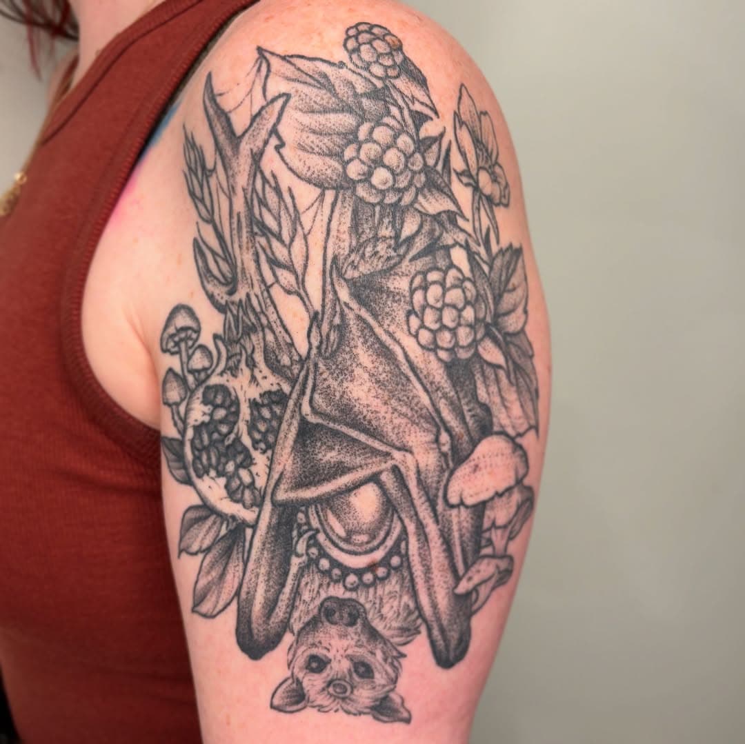 About 1 year healed 
I live adding mushrooms, flowers, and spiderwebs to anything 

#battattoo #nctattooers 
#vegantattooer #qttr #transtattooartist