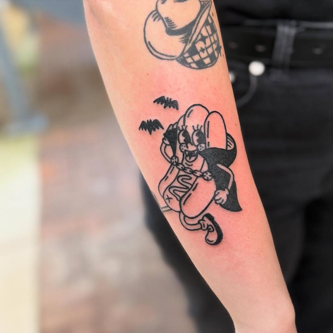 Count DOG-ula on @atlannnahannah next to a healed up disco cowboy from flash days past. 
.
.
.

.
.
.
#tattooartist #tattoo #tattoos #atlantatattooartist  #customtattoo #tattooed #tattooing  #lineworktattoo  #tattooer #flashworkers #nowbooking #booksopen #lineworkers #flashtattoo #blackworkers #blackwork #atl #trad #tattoodesign #tattooideas #flash #hotdogs #hotdogtattoo