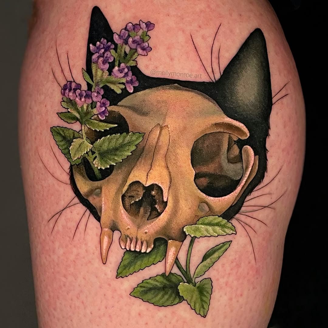 Oops I need to post pictures of SO many tattoos! 😅 
Swipe to see a pic after 3 weeks of healing 💅🏻✨ 
.
.
.
#cattattoo #cattattoos #texastattoo #texastattooartist #txtattoo #colortattooartist #botanicaltattoos #skulltattoos #catskull #oddities #odditiesandcuriosities #sanantonio #satx #sanantoniotattooartist #austintattoo #austintattooartist #houston #houstontattoos #houstontattooartist #dfwtattoos #dallastattooartist #dallastattoo