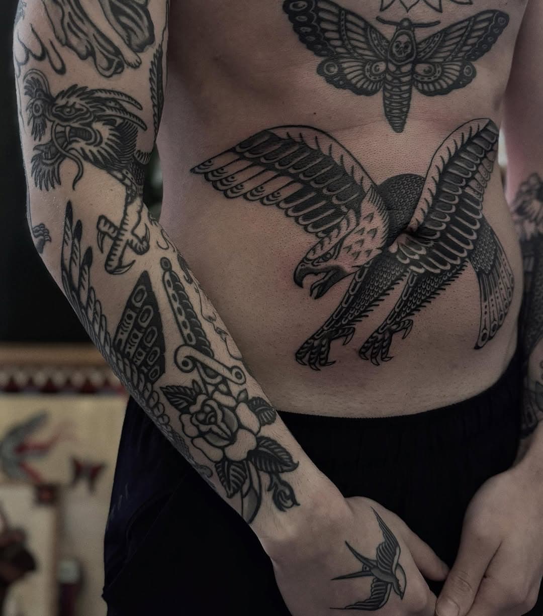 Finished up this belly eagle for @_ry_26 today. Lines and some black healed but a bunch of fresh black and grey done today. The arm is all healed and settled from over the last couple of years. Thanks as always Ryan for sitting so still while I ruin your day 🐒 #tattoo #tattoos #traditionaltattoo #traditionaltattoos #traditionalartist