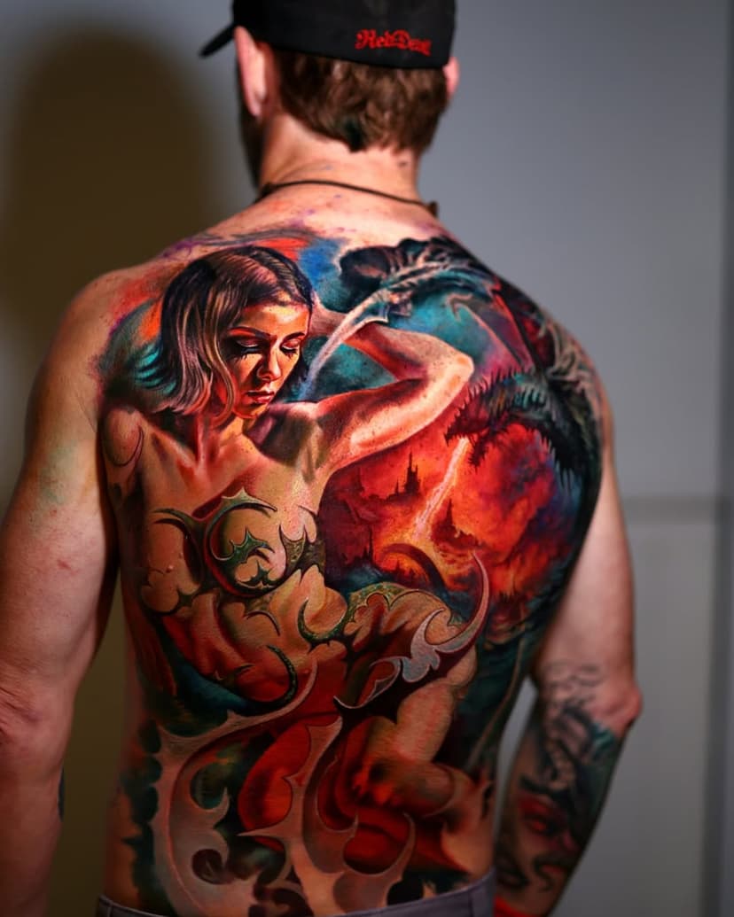 🔥In progress Backpiece Color Tattoo showing a woman and a dragon in the background. A mix between beauty and fantasy and also a mix between 2 styles of tattooing.
Done as a collab with the talented @rowan.magennis at the @motorcitytattooexpo

@eternalink @h2ocean @fkirons @darkagetattoostudioftw @darkagetattoostudio

#EternalInk #H2Ocean #TattooArt #SurrealismTattoos #collabTattoo #RealismTattoos #dragontattoo #backtattoos #backpiecetattoo