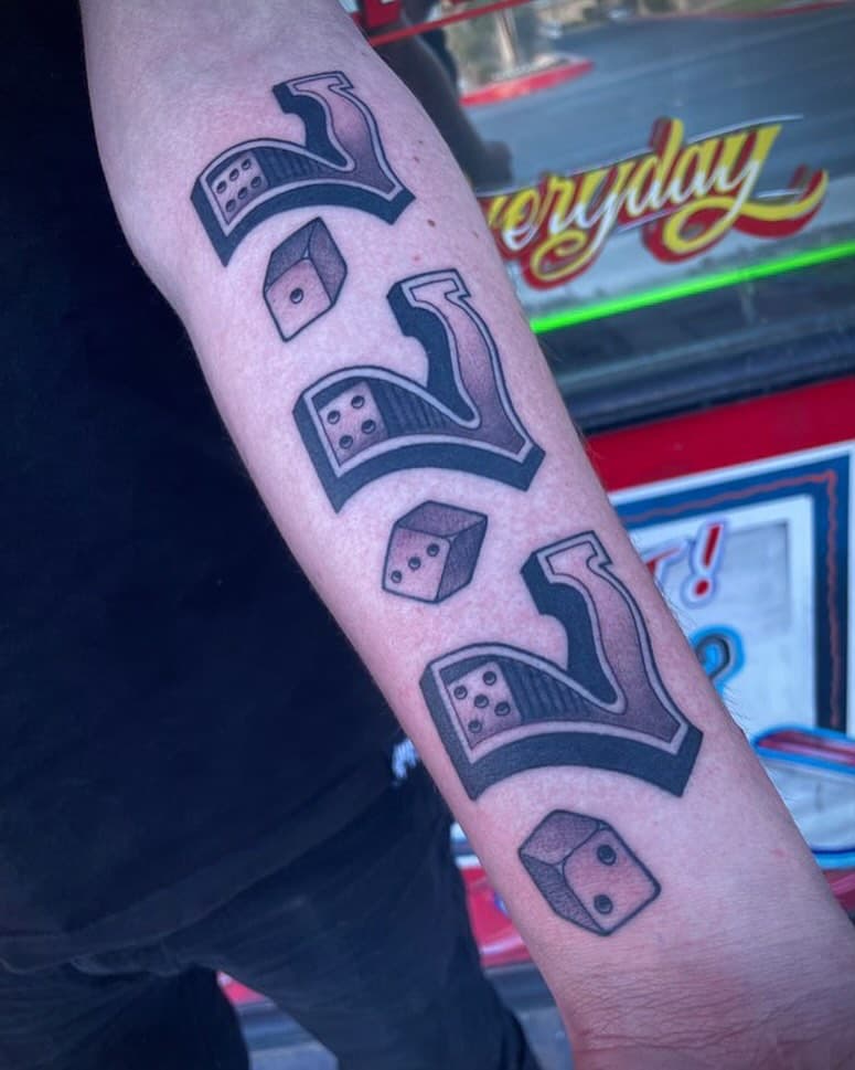 Vegas representing 🎲
Tattoo by @joeyanderson_tattoo 
For appointments, please DM ⬆️ Joey directly #walkinswelcome 
#joeyandersontattoos 🎰

.
.
.
.
.
.
#lastchancetattoo #lasvegas #lasvegastattooers #lasvegastattooartist #lasvegastattooshop #lasvegaslocal #besttattooers #tattoostyle #tattoosocial #tattoosociety #tattooshop #tattooedmen #tattooedwomen #tattoodo #bestoflasvegas #bookyourappointment #supportsafetattooing #tattoosformen #tattoosforwomen #besttattooers #beacontattoosupply #boldwillhold #bright_and_bold #traditionaltattoo #americantraditionaltattoo #vegassouvenir #vegastattoos #blackandgreytattoo