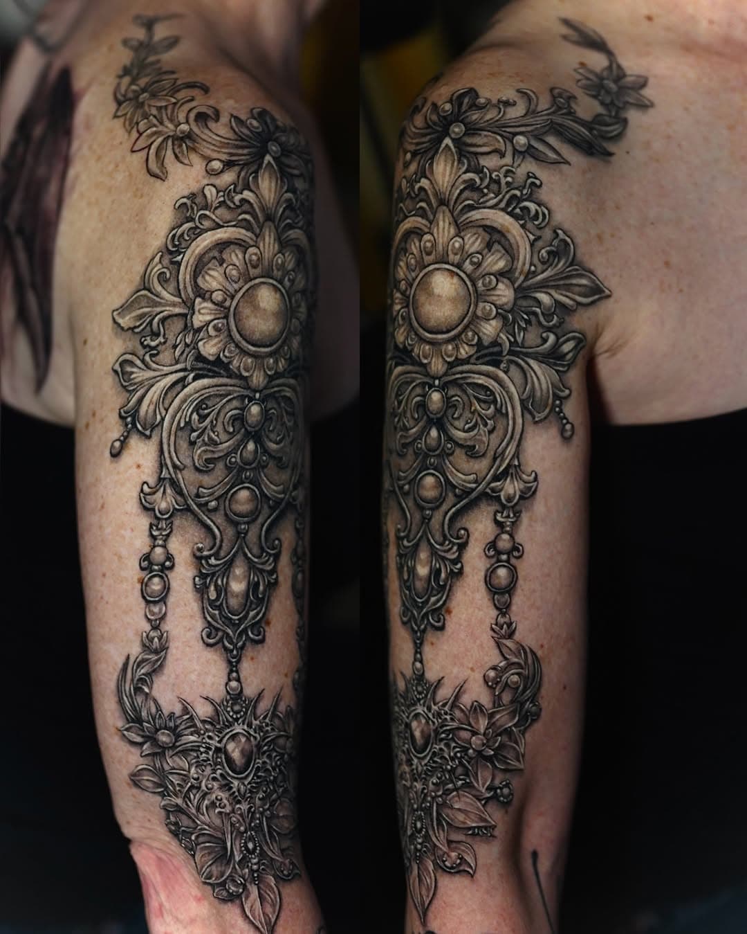 Work in progress, but here’s a healed arm piece on Darrelle. Some detailing and adding more hanging jewels to follow soon!