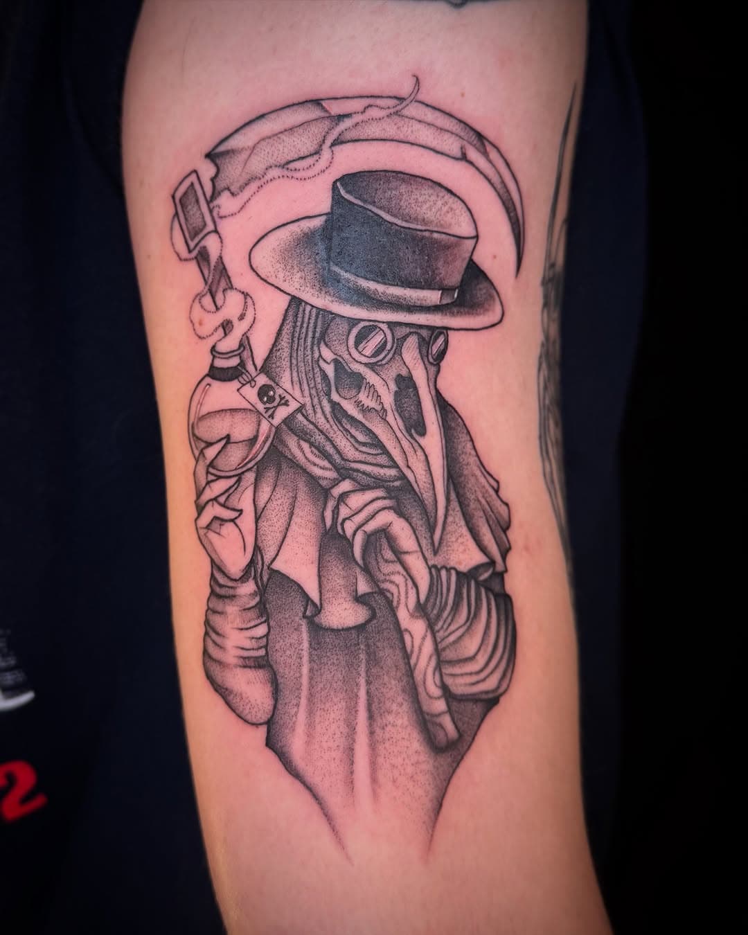 plague doctor 🐦‍⬛🦠 thank you @domangel107 for giving me creative freedom on this! 
.
.
.
.
#plaguedoctortattoo #blackworktattoos #finelinetattoos #njtattooartist