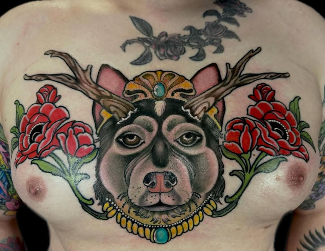 Memorialized my client Travis’ soul child 🐾🐺 I love adorning animals in jewelry and crowns and making them extra special . I would love to do way way more fancy creatures ! 
•
••
#animaltattoo #neotraditionaltattoo #neotraditional #neotrad #neotradtattoo #neotraditionaltattoodesign #neotraditionalworldwide #neotraditionaltattooculture #neotraditionalusa #neotradsub #keishanicolenouveau #keishanicoletattoo #bendoregon #bestofbend #visitbend #fancypet #petsofinstagram #artnouveau #darknouveau