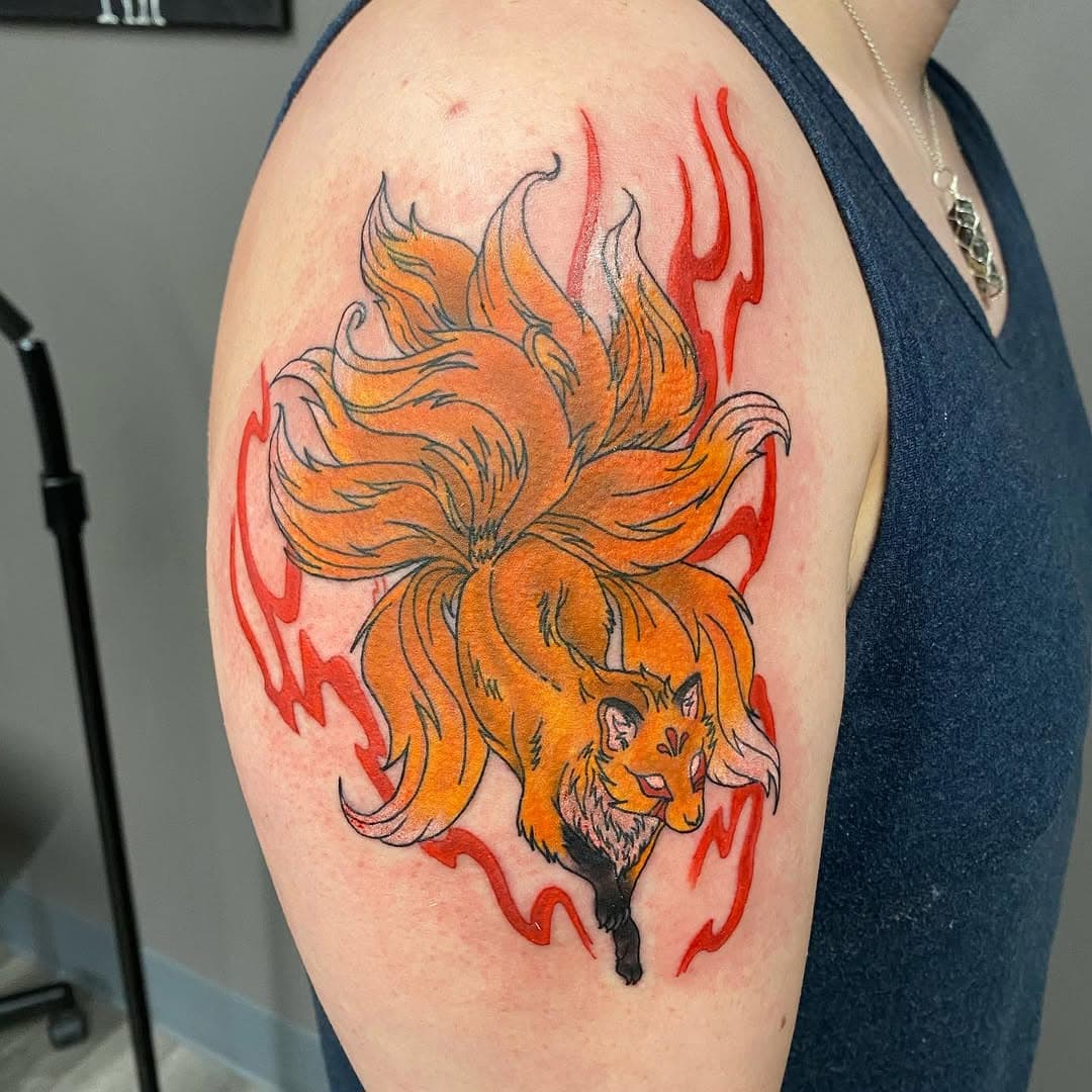 Kitsune - A nine tailed fox spirit it is a shape shifter that can possess humans, it’s can breathe fire and can be either divine or evil. Thanks for coming in @xavi_2tone 

#kitsune #ninetails #ninetailedfox #fox #foxspirit #japanese #japanesefolklore #yokai #tattoo #tattoos #tattooart #tattooideas #indiana