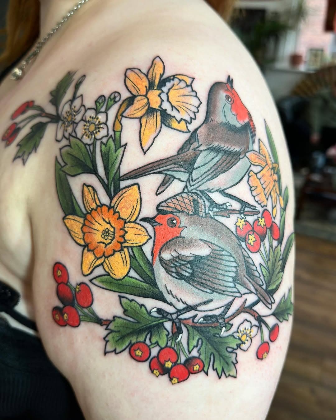 Robin and hawthorn tribute for Laura for her grandparents 💛 @bloomstreettattoo  #manchestertattoo #manchestertattooist #manchestertattooer #tattoo #traditionaltattoo #tradtattoo #floraltattoo #floraltattoos #botanicaltattoo #flowertattoo #oldlines #neotradtattoo #neotraditionaltattoo #bright_and_bold  #tradworkers
