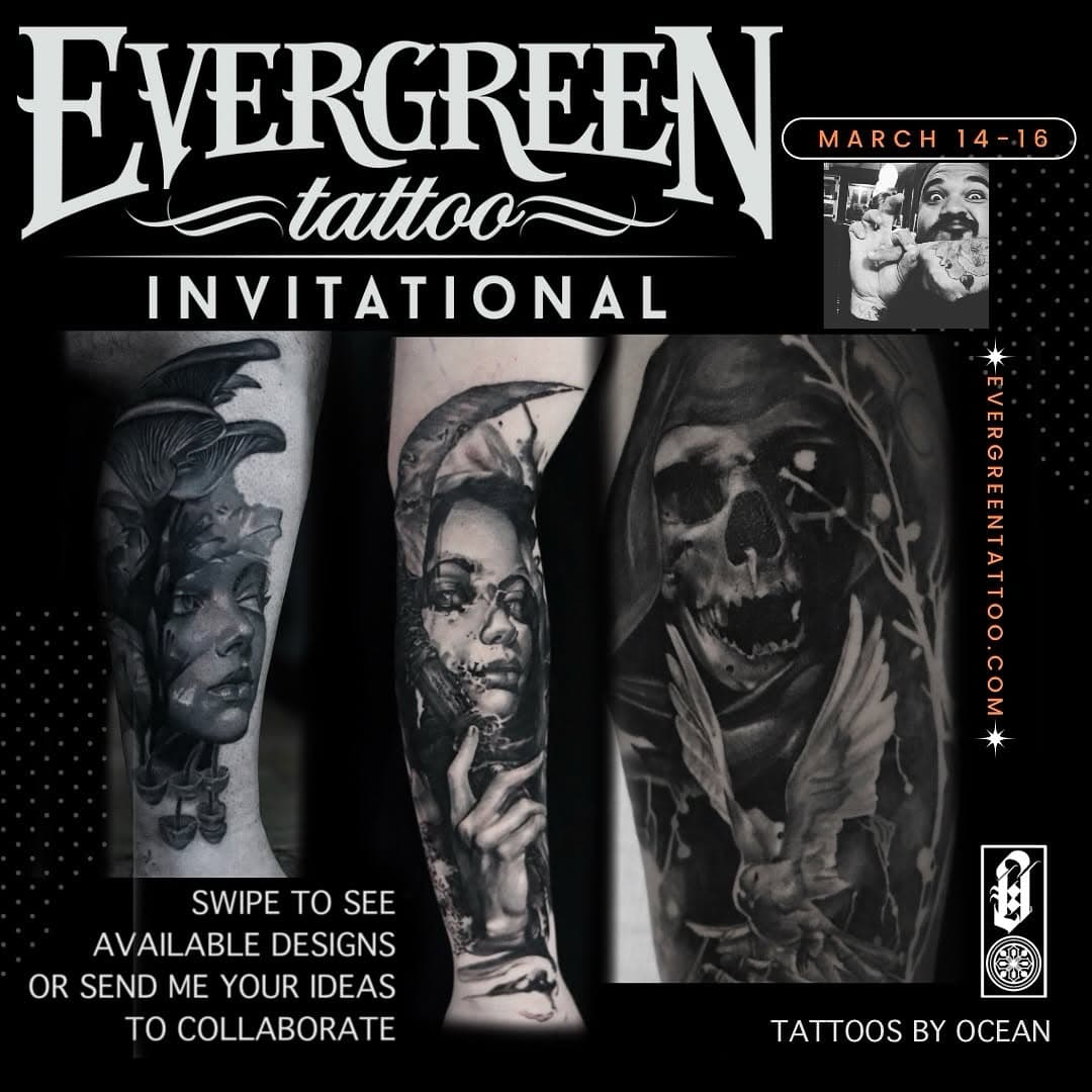 March 14-16 I will be tattooing at the Evergreen Tattoo Invitational in Eugene, OR. 
@evergreentattooinvitational 
➡️SWIPE to see some designs I’d love to do or DM me with your ideas
🗓TO BOOK AN APPOINTMENT DM me or click the link in my bio