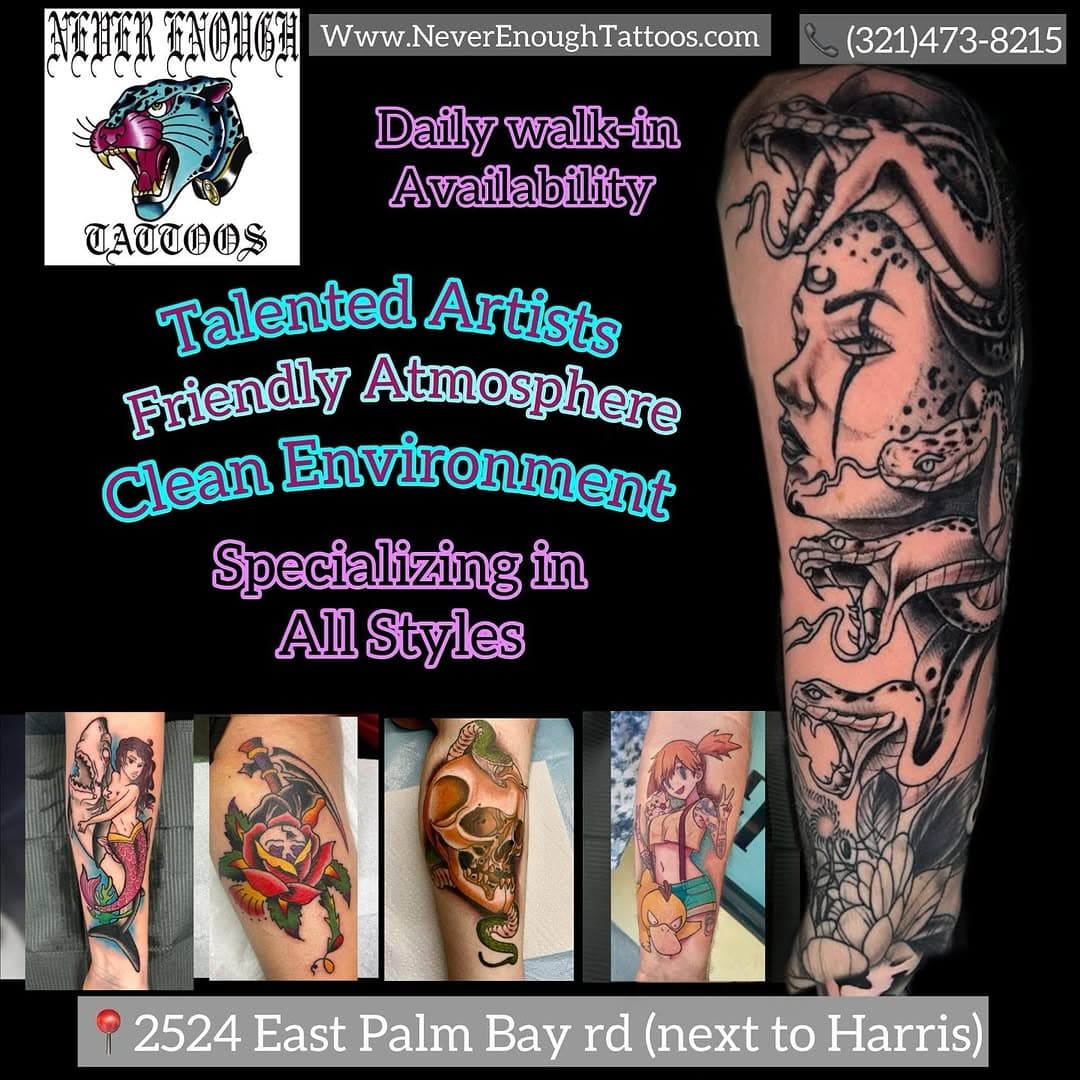 Open for walk ins 🌞 Our artists have some killer flash designs available. Come check it out! 

11am-7pm

(321) 473-8215
2524 Palm Bay Rd NE, Palm Bay, Fl 32905