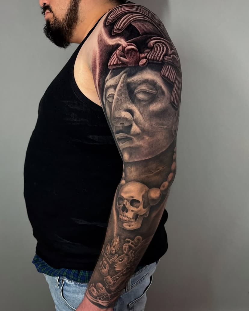 Mayan sleeve 
“Kʼinich Janaabʼ Pakal” (the last Mayan king)
Top part is fresh, everything else is healed 
.
👁 Now booking - April and May
.
👉🏻For any questions and availability call or text us at 909 6415488 
.
Done with:
@cheyenne_tattooequipment 
@radiantcolorsink
@tatsoul 
@aftercareh2ocean 
@allegoryink
@sullenclothing
.
.
www.tattoosbygoethe.com