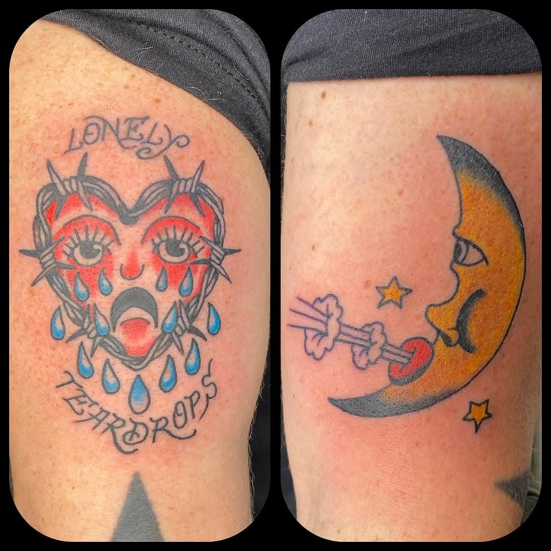 A couple of fun ones for jimmy. #stoneystclair moon flash and one from my sketchbook. #cryingheart #loneyteardrops #stoney #stoneyknowshow #traditional #traditionaltattooing #marylandtattooer #baltimore #belair #fallston #fleshtattoo #theboldlookofkohler thanks for looking
