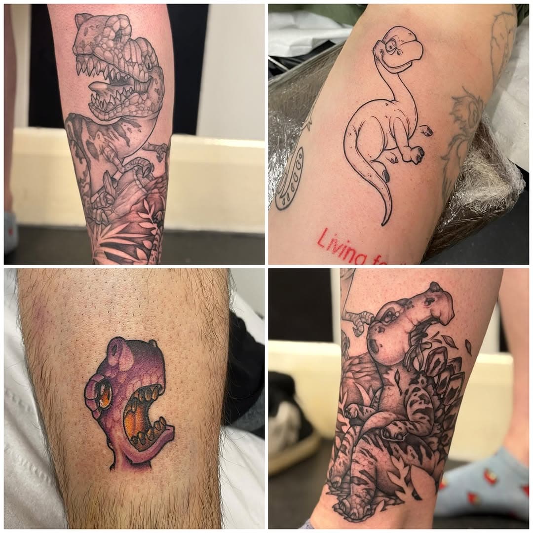 Who doesn’t love a dinosaur tattoo! 
A few recent #newschool dinosaurs designed & tattooed by @ginger_dale_91! 

For booking inquires DM us, email us on info@sevensinstattoo.com or call the studio on 01293775385!
•
•
•
•
•
•
•
#sevensinstattoo #sevensinstattoouk #sevensinstattoohorley #sevensins #sevensinshorley #horley #surrey #horleytattoo #surreytattoo  #surreytattooartist #newschooltattoo #worldofnewschool #newschoolcolour #newschoolblackandgrey #blackandgreytattoo #colourtattoo #finelinetattoo #colortattoo #dinosaurtattoo #dinosaurtattoos #cooltattoos #customtattoos #customtattoodesign #workinprogress #tattooideas #tattooinspiration #tattooinspo