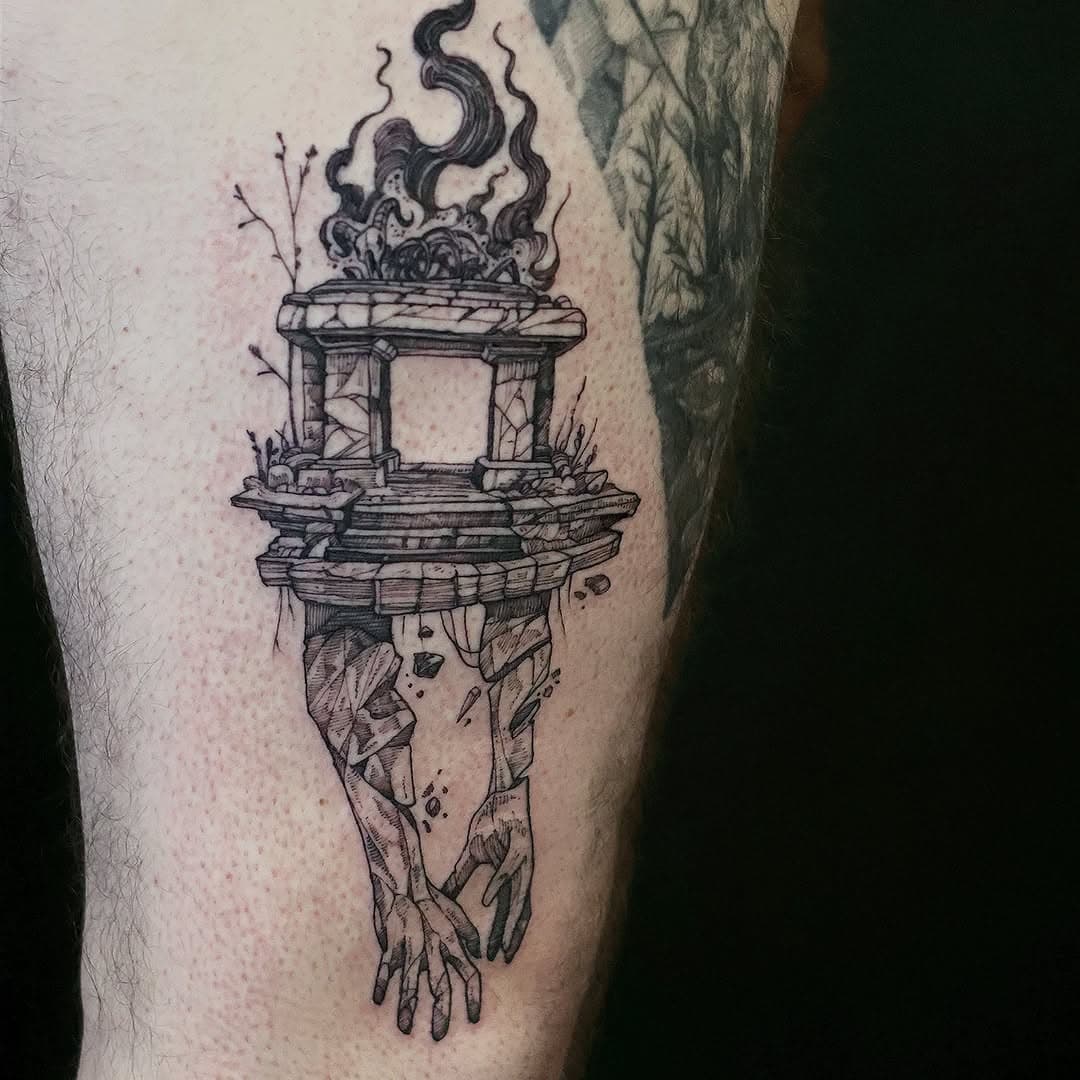 On shaky and crumbling limbs, the altar stumbles through the town, sacrifice still shouldering. 
.
#tattoo done at @moontattoostudio