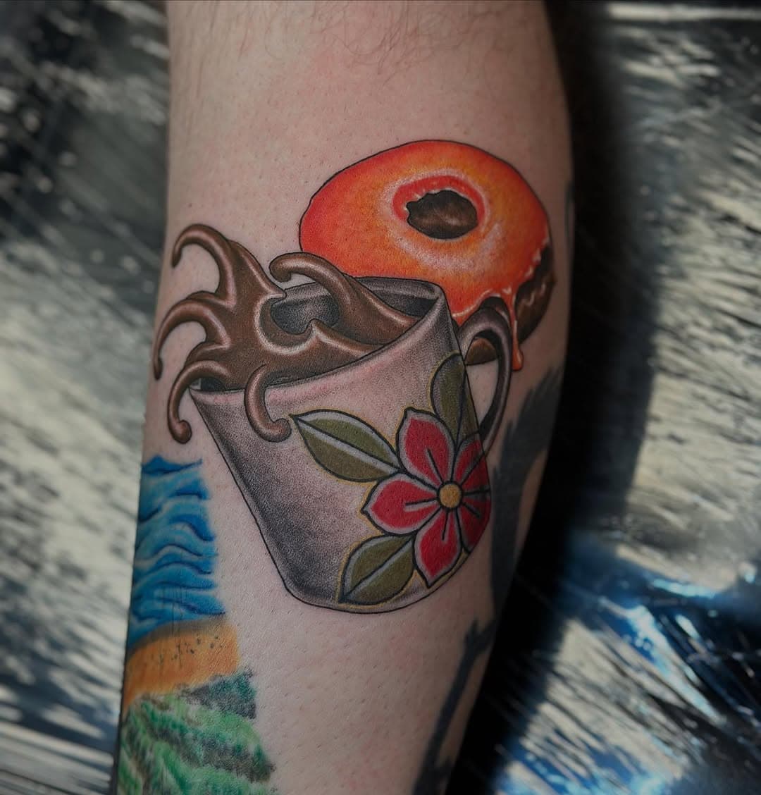 A sweet donut treat and a hot cup of joe! @tattoosbyrzo nailed it with this tattoo, dedicated to the client’s grandmother! Contact the shop directly by phone: (480) 621-8819 or email: info@saltandlighttattoo.com to schedule a free consultation! 
#saltandlighttattoo #staysalty #saltandlighttattoosupply #chandler #arizona #az #arizonatattooartist #aztattooer #tattoo #tattoos #traditionaltattoo #coffeetattoo #donuttattoo #coffeeanddonuts