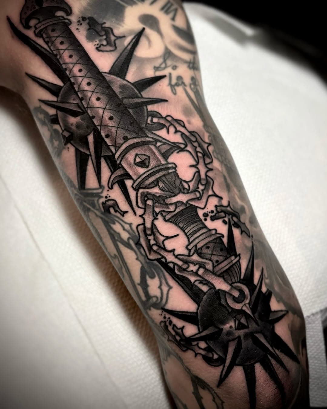 Did this sick double flail earlier today, whilst sick. Thanks again Christian! 
.
.
.
.
#tattoo#tattoos#grimtattoo#jeffsaunders#tattooart#tattoosnob#tattooworkers#philly#phillytattoo#eastcoast#freshlyinked#inklife#skinartmag#inkedmag#eternalink#bishoprotary#medieval#neotrad#neotraditional#black#blackandgrey#blackwork