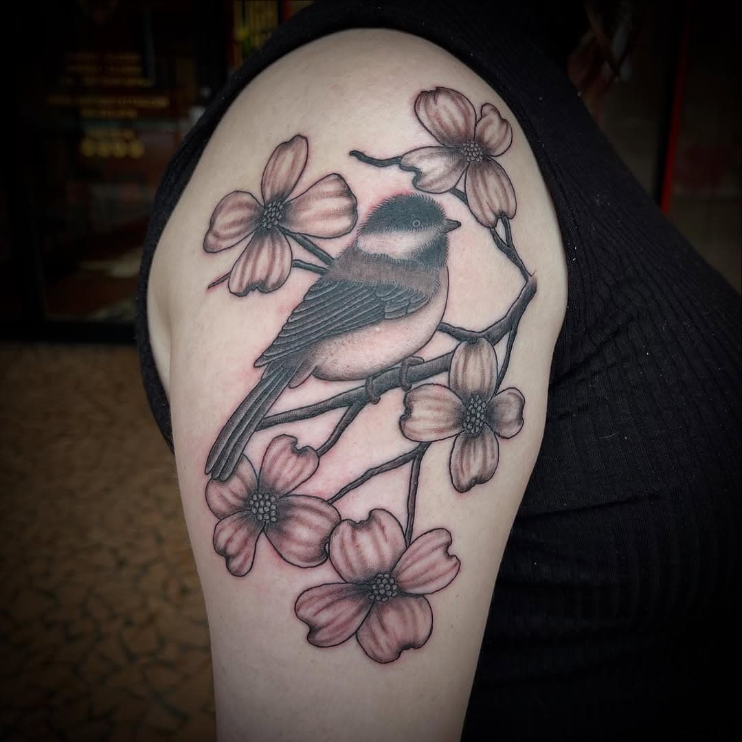 Was asked to make this black capped chickadee recently for @crowandshade possibly adding more and a back ground of sorts later. Enjoyed stepping out of my box for this one. Thanks for looking. #tattoo #blackandgrey #blackandgreytattoo #bird #birdtattoo #blackcappedchickadee #blackcappedchickadeetattoo #dogwood #dogwoodflowers #dogwoodflowertattoo #dogwoodtattoo #dogwoodbranch #lightsidetattoo #statesvillenc #nctattooer #nctattooers #statesvilleartist #statesvilletattooartist #putabirdonit