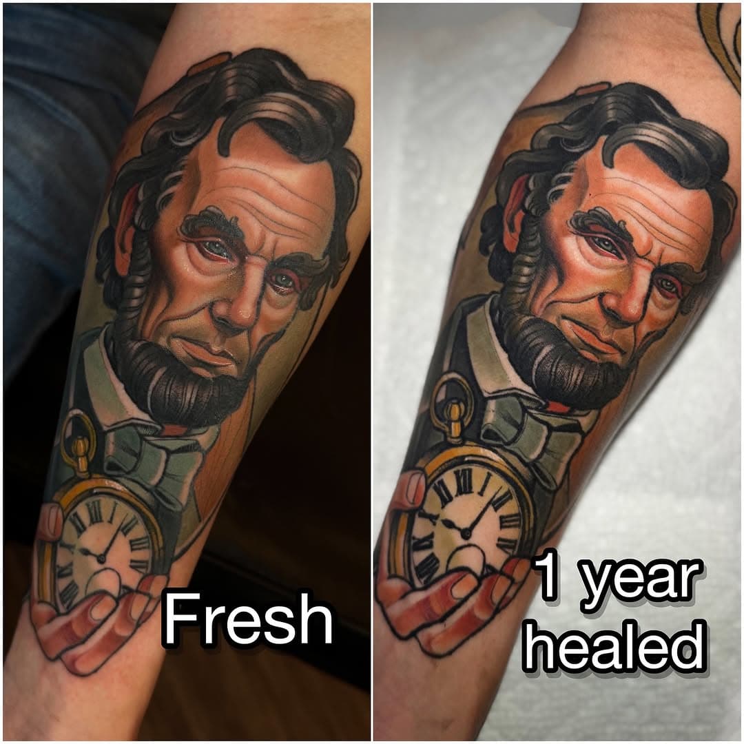 Honest Abe tattoo looking good after a year in the skin.