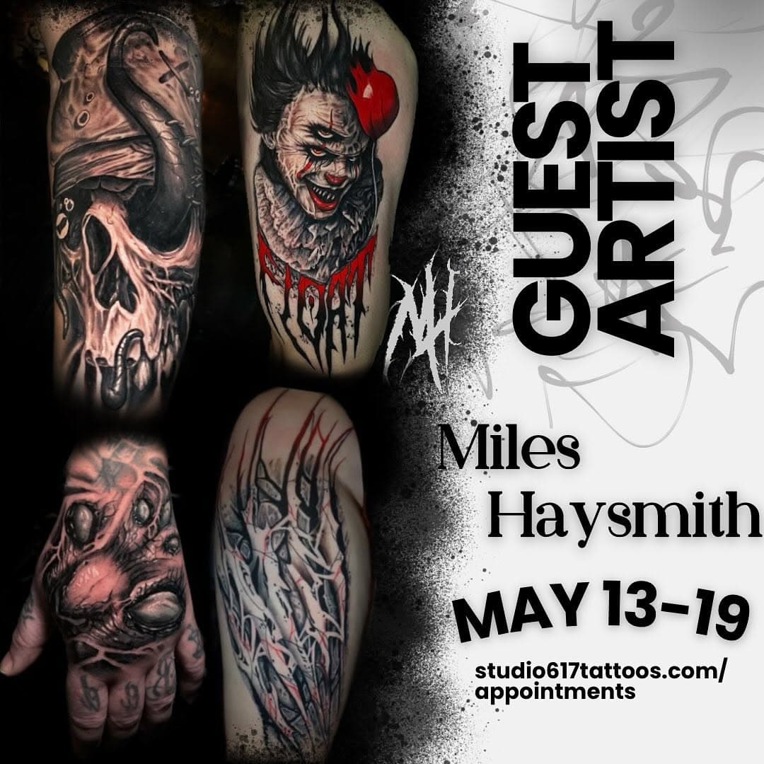 We’ve got something special coming up🔥—

@mileshaysmith_ttt will be joining us for a guest spot May 13th-19th! He specializes in black & grey horror/fantasy, and enjoys doing surrealism and lettering.
Definitely an opportunity you do not want to miss!

If you’re interested in booking an appointment, feel free to send him a direct message on Instagram or fill out one of our appointment request forms and we’ll connect you with him for a consultation. Spots are limited, so don’t wait too long!

He is also looking to do a collab with @ArtofTucker on Tuesday, May 13th 👀 Keep an eye out!
—
—
#tattoos #knoxvilletattoo #maryville #maryvilletattoo #blackandgreytattoo #art #tattoooftheday #realismtattoo #portrait #knoxville #portraittattoo #tattoosofinstagram #realistictattoo #studio617 #tattoosintennessee #instagramreels #americantraditional #traditionaltattoo #nowbooking