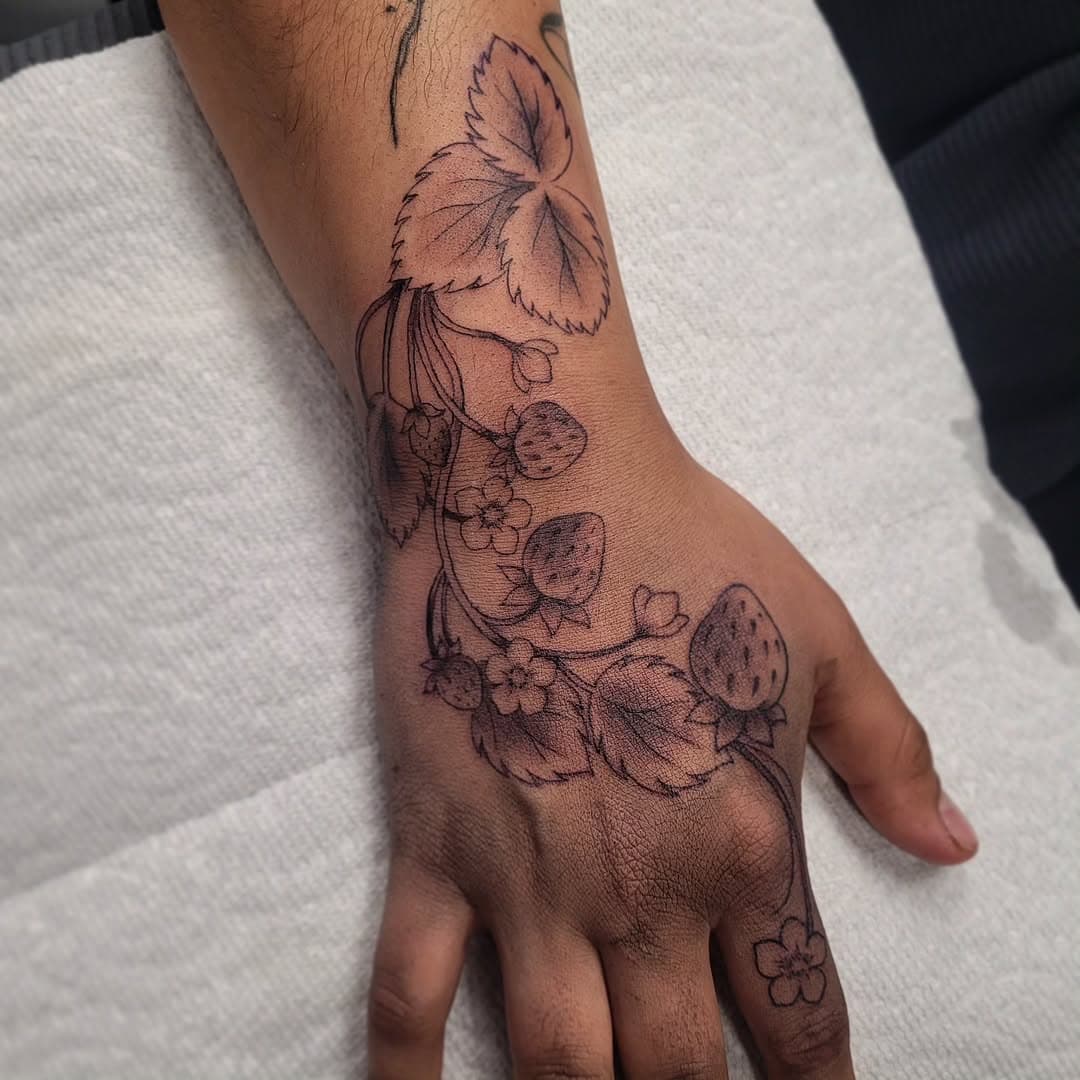 Super stoked on this Strawberry hand piece for a fellow Ashley who came from the interior to get tattooed by me 🥺🥺🍓 Thanks so much 

#tattoo #illustration #drawing #procreate #tattooart #tattooflash #flashsheet #whimsicalart #art #design #ink #myart #finelinetattoo #sketchdaily #illustrationartists #handtattoo #strawberrytattoo #blackwork #lineart #simplisticdesign #yvrartists #artistsofinstagram #ecualumni #vancouvertattoo