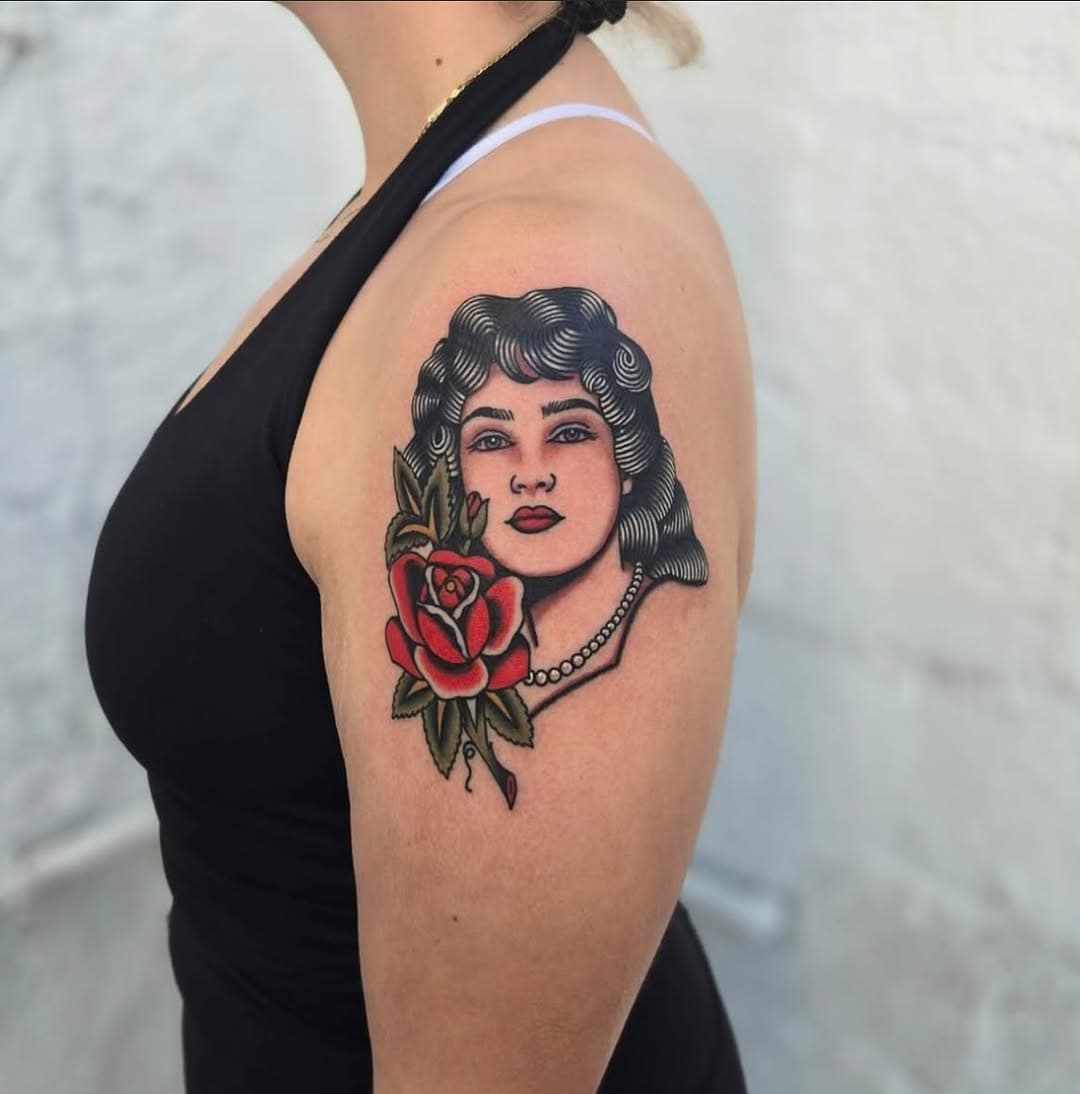 Portrait of clients mother by Natalia (@nataliamarintattoos ) #ochoplacastattoo #traditionaltattoo #miamitattooartist