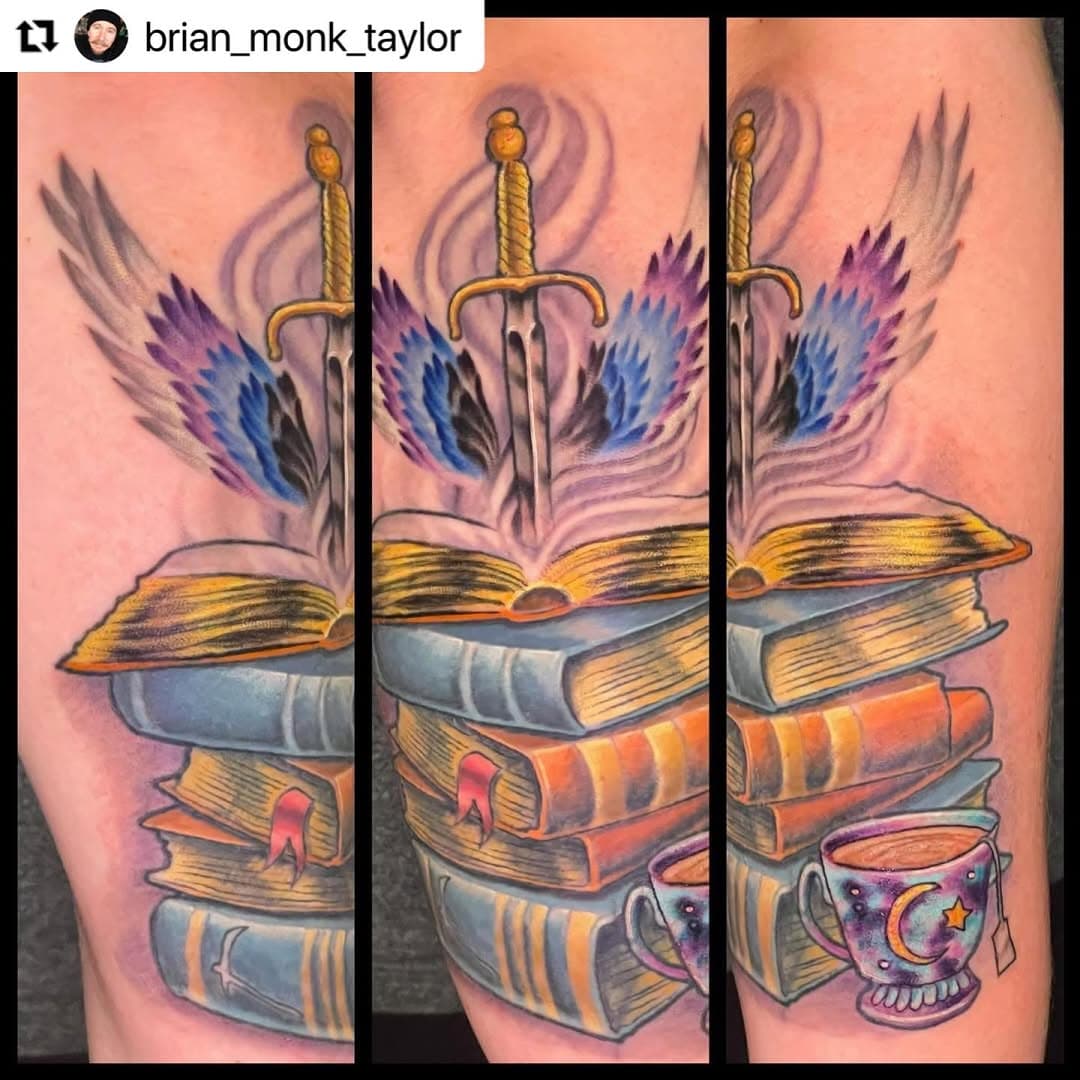 @brian_monk_taylor 
・・・
Finished up this piece for Halie, book club inspired. 📕🗡️🪽#tattoo