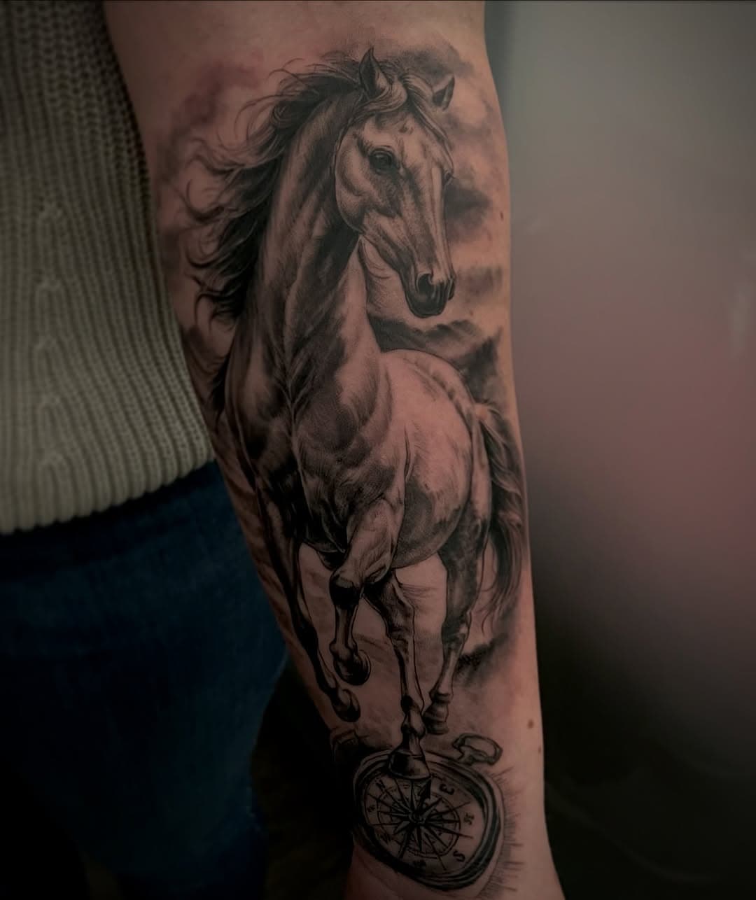 “There are many wonderful places in the world, but one of my favorite places is on the back of my horse.” 🐎✨ Another first for the books, my first full on horse power, hope you like it 💯
.
Working with @theinkedarmy products
. 
For pricing and appointments, please contact the shop by email : info@art-of-eternity.com📥 .  #ink #tattoo #inked #tattoos #blackwork #dotwork #linework #ladytattooers #germantattooers #artist #art #artofeternity #horsetattoo #horsesofinstagram #horsepower